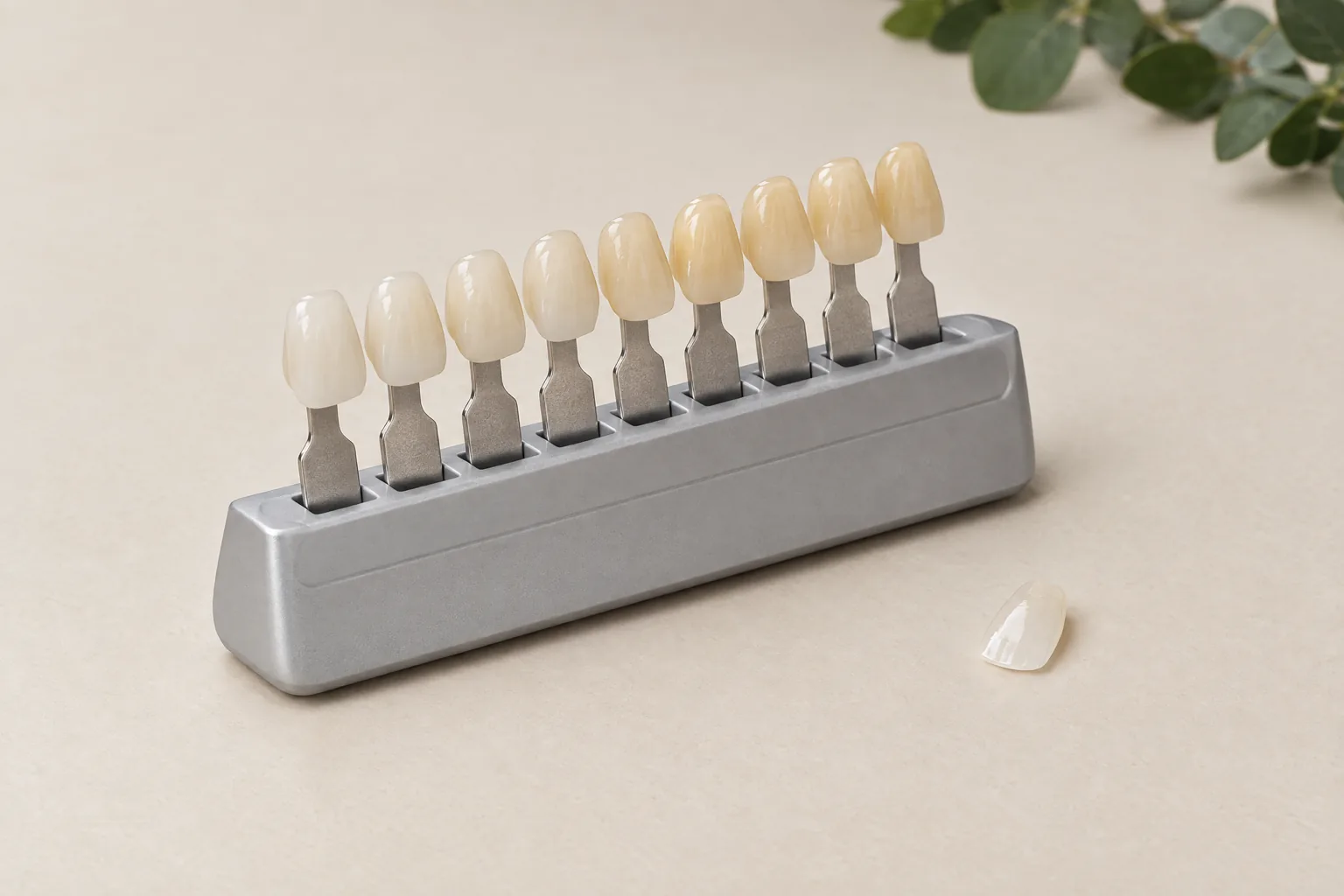 Illustrative dental shade tabs and a separate veneer sample on an ivory surface.