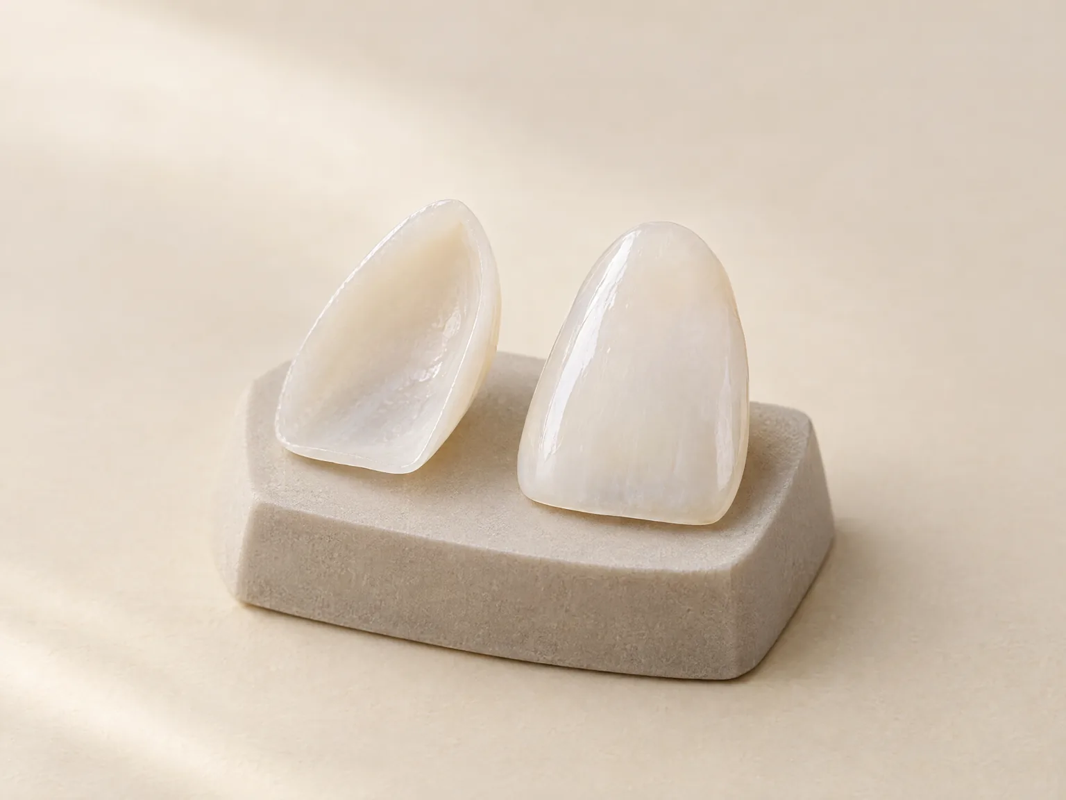 Illustrative ceramic veneer shells showing their curved surfaces and thin edges.