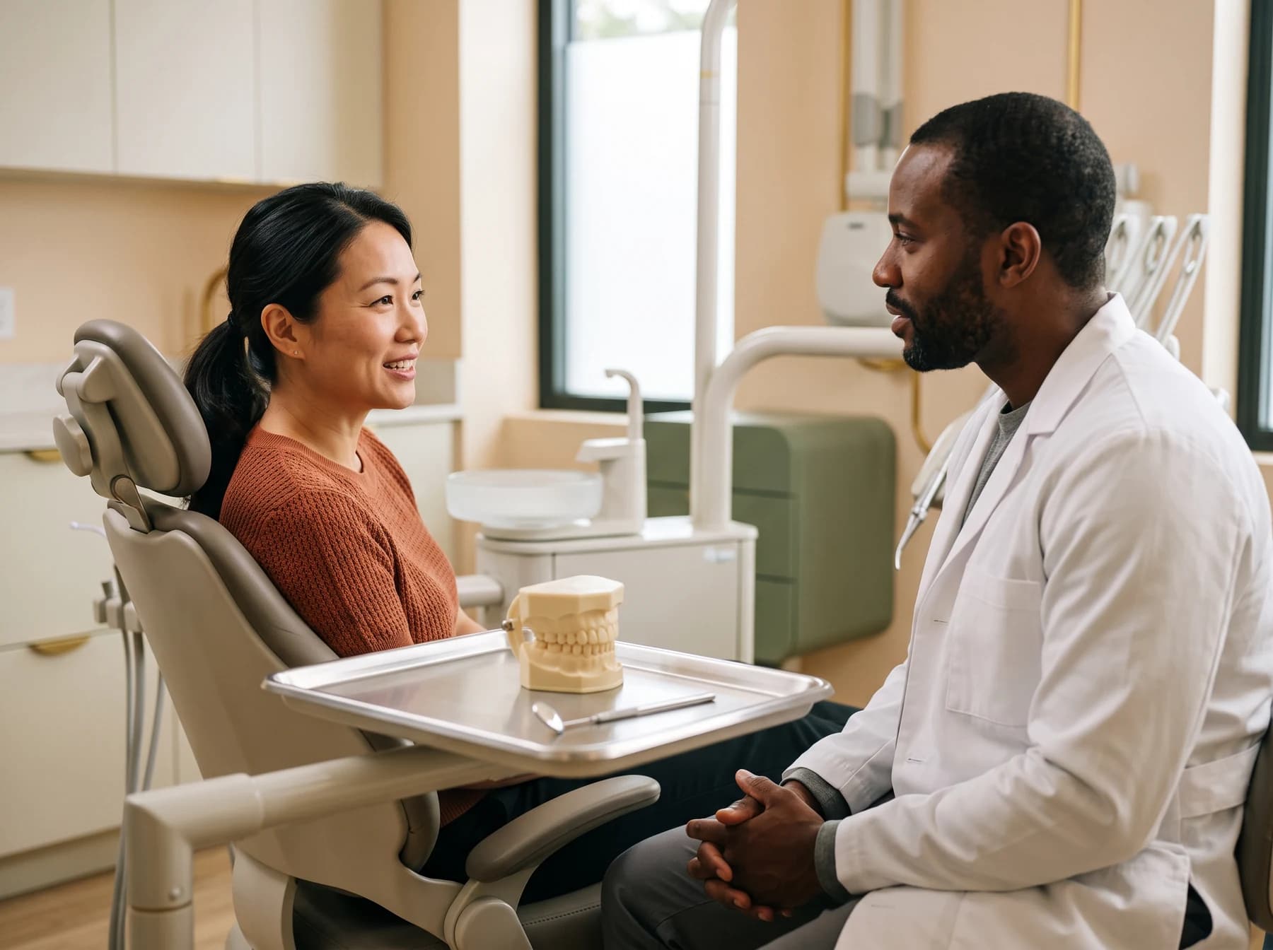 Woman in a rust blouse seated opposite a dentist beside a dental tray