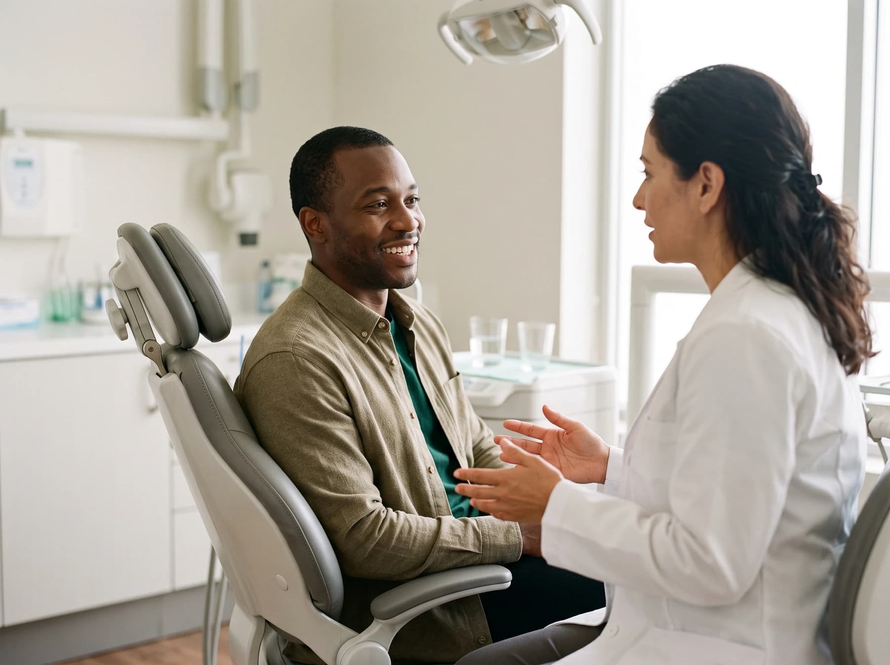 Man in a tan jacket seated in a dental chair facing a dentist