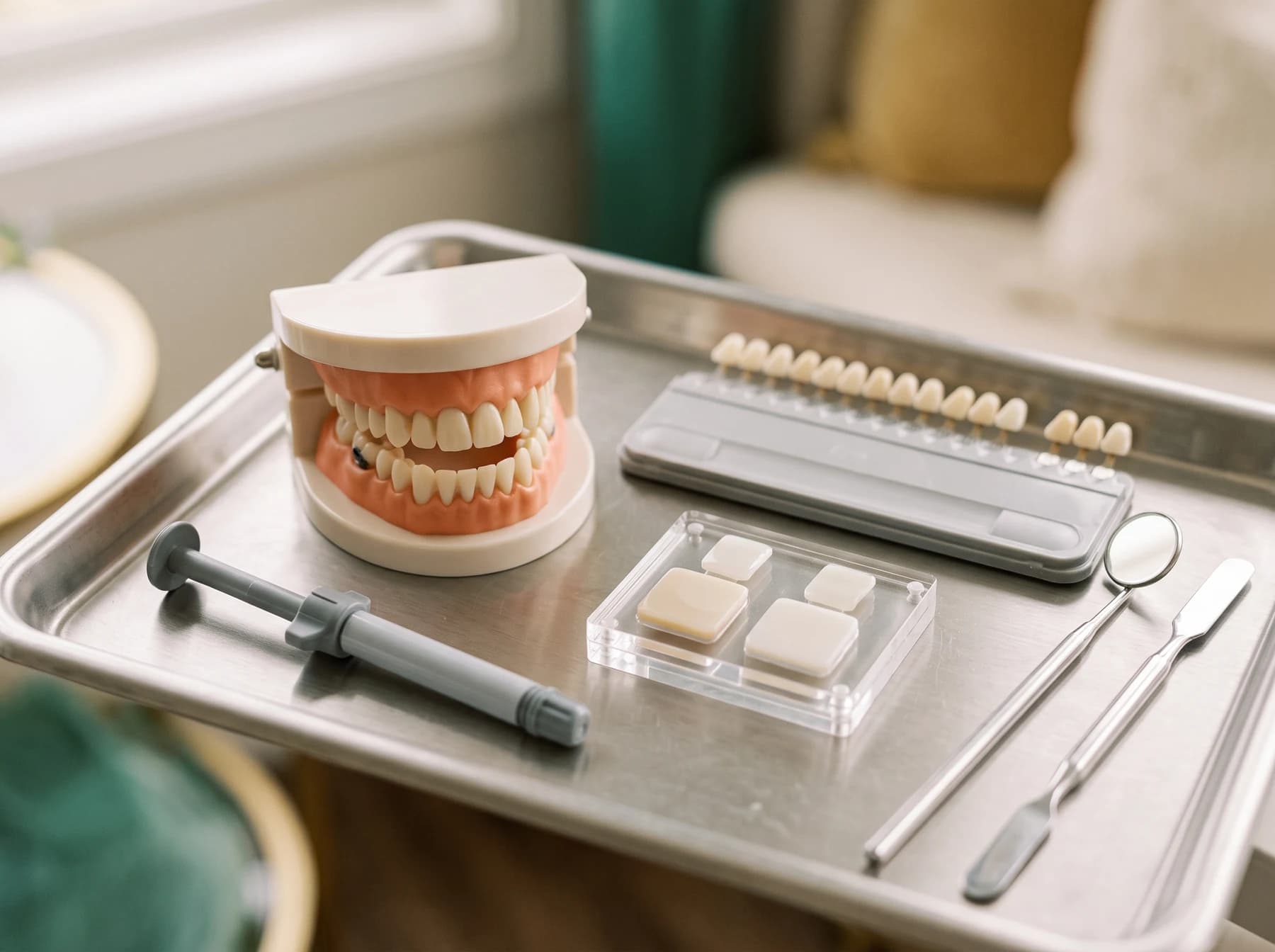 Dental model, sample holder and instruments on a metal tray