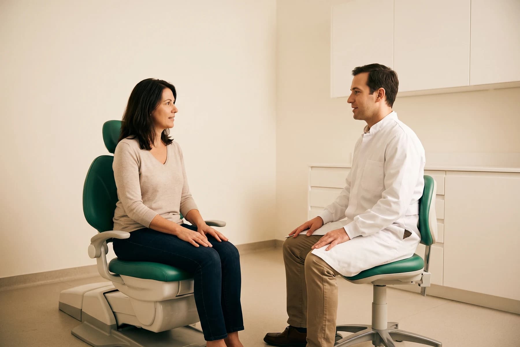 A woman in a beige top and a dentist sit facing each other in an ivory treatment room.
