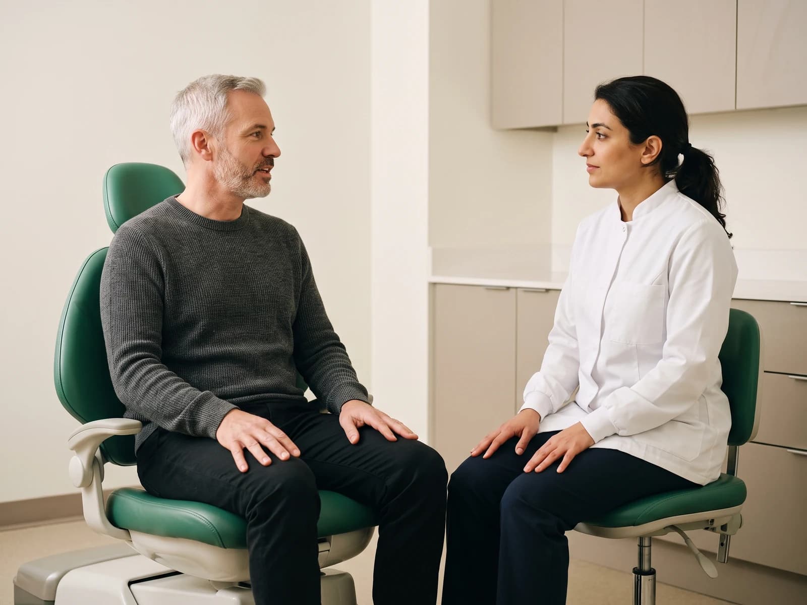 A silver-haired man in a charcoal sweater sits across from a dentist in a white coat.