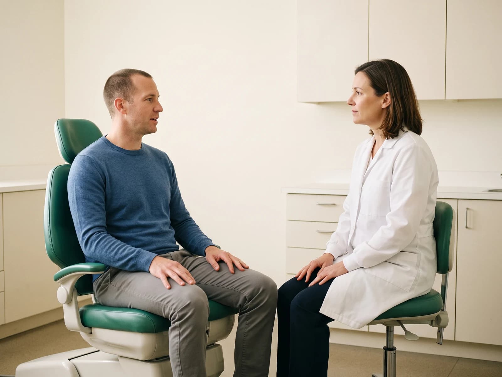 A man in a blue sweater speaks with a seated dentist beside an emerald dental chair.