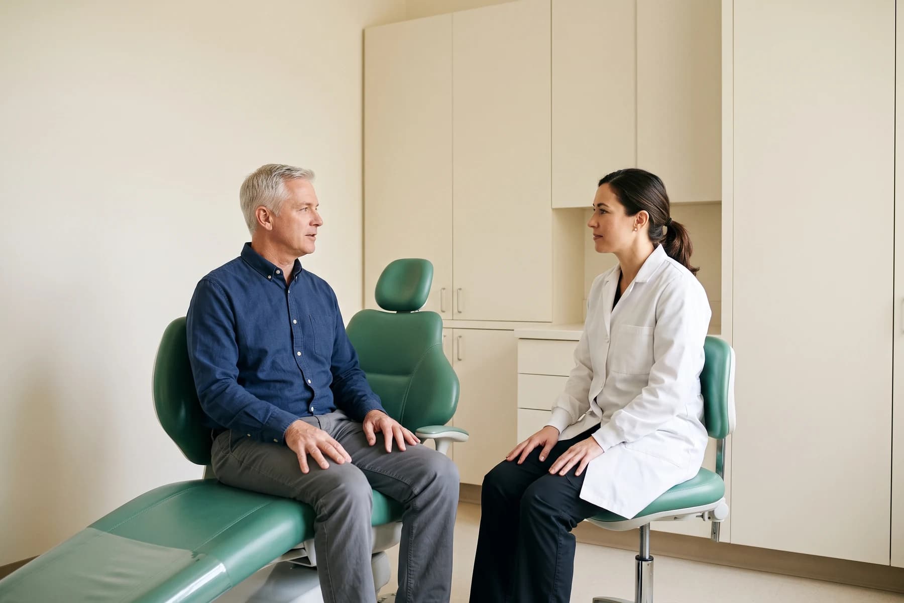 A gray-haired man in a navy shirt sits beside an emerald dental chair facing a dentist in a white coat.