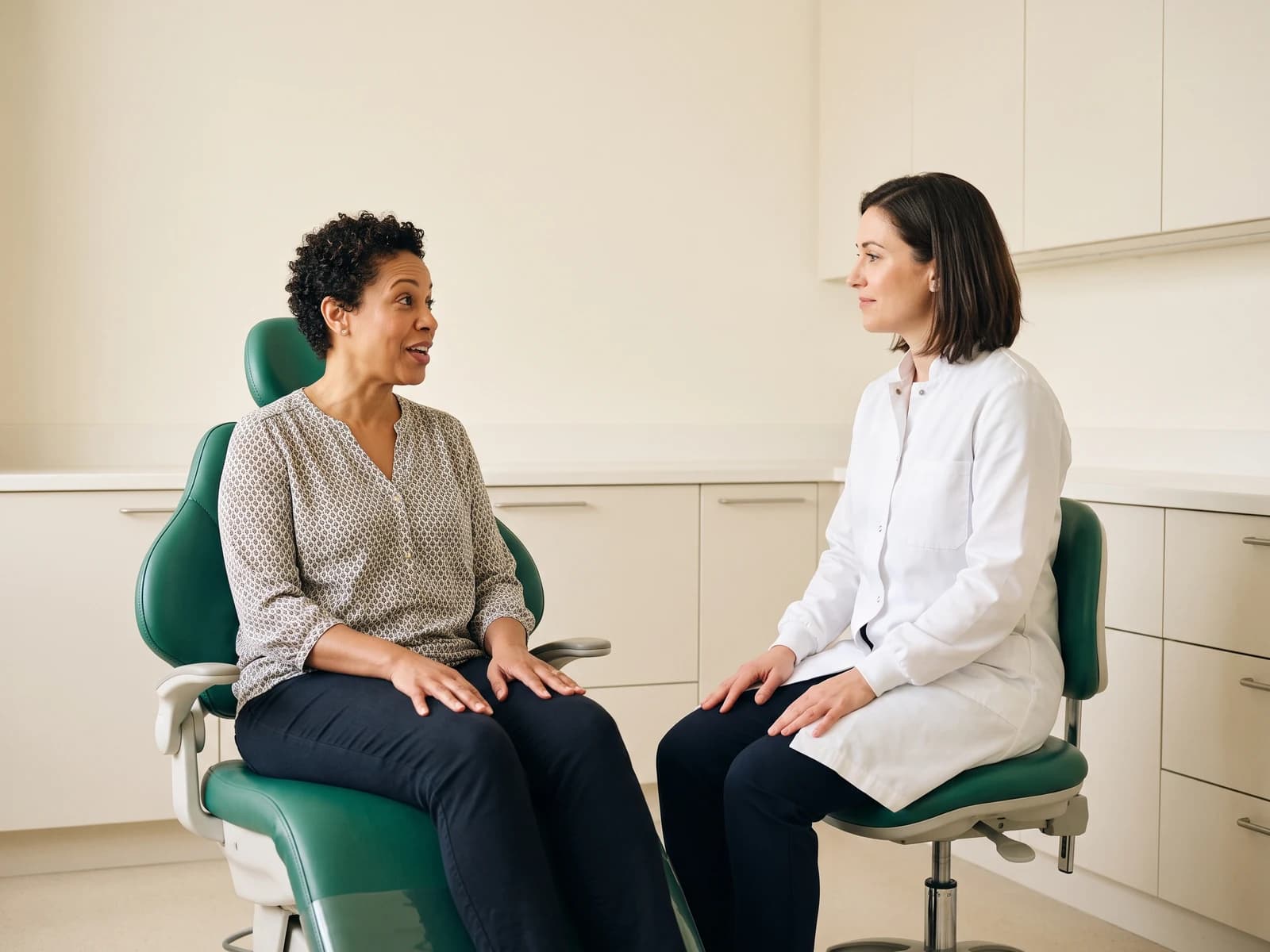 A woman with short curly hair talks with a dentist in a bright ivory treatment room.