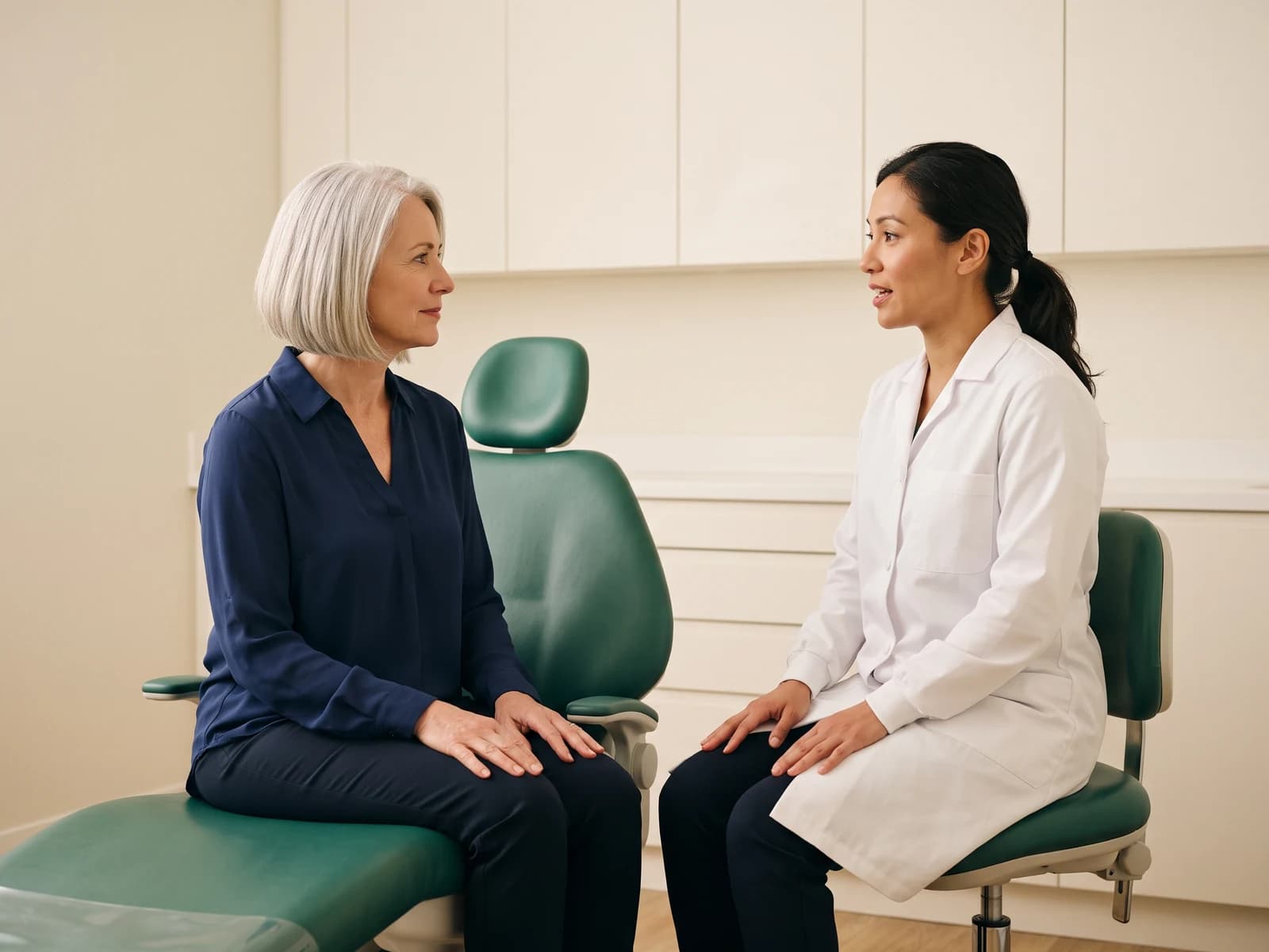 A silver-haired woman in a navy blouse sits beside a dentist and an emerald dental chair.