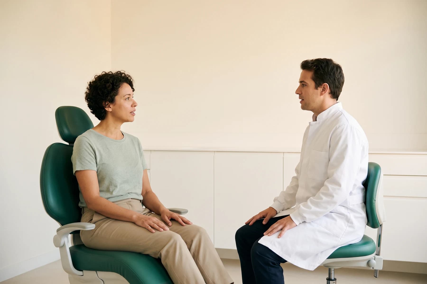 A woman with short curls and a sage shirt sits in an emerald dental chair facing a dentist in a white coat.