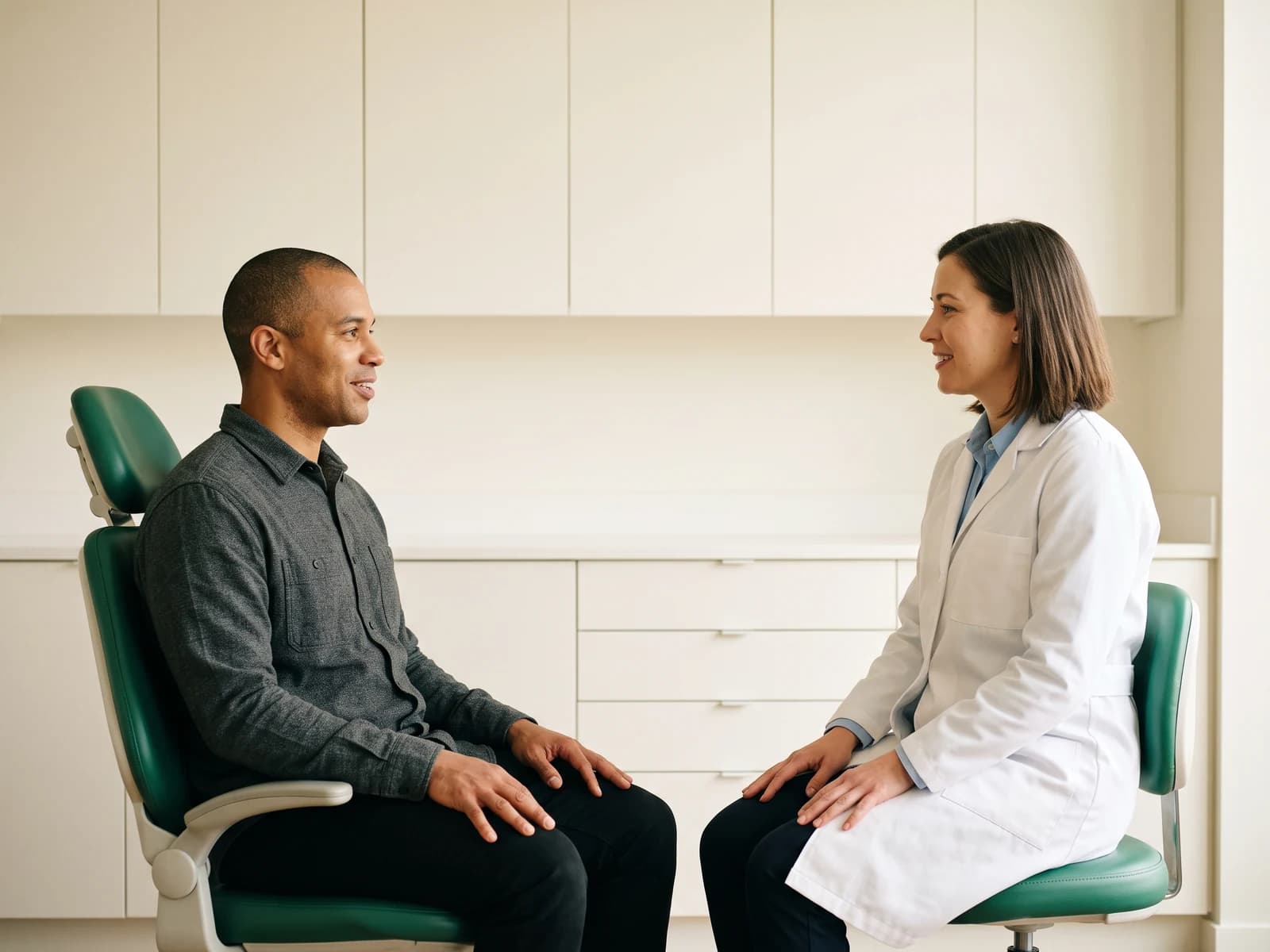 A man in a charcoal shirt sits opposite a smiling dentist in a white coat.