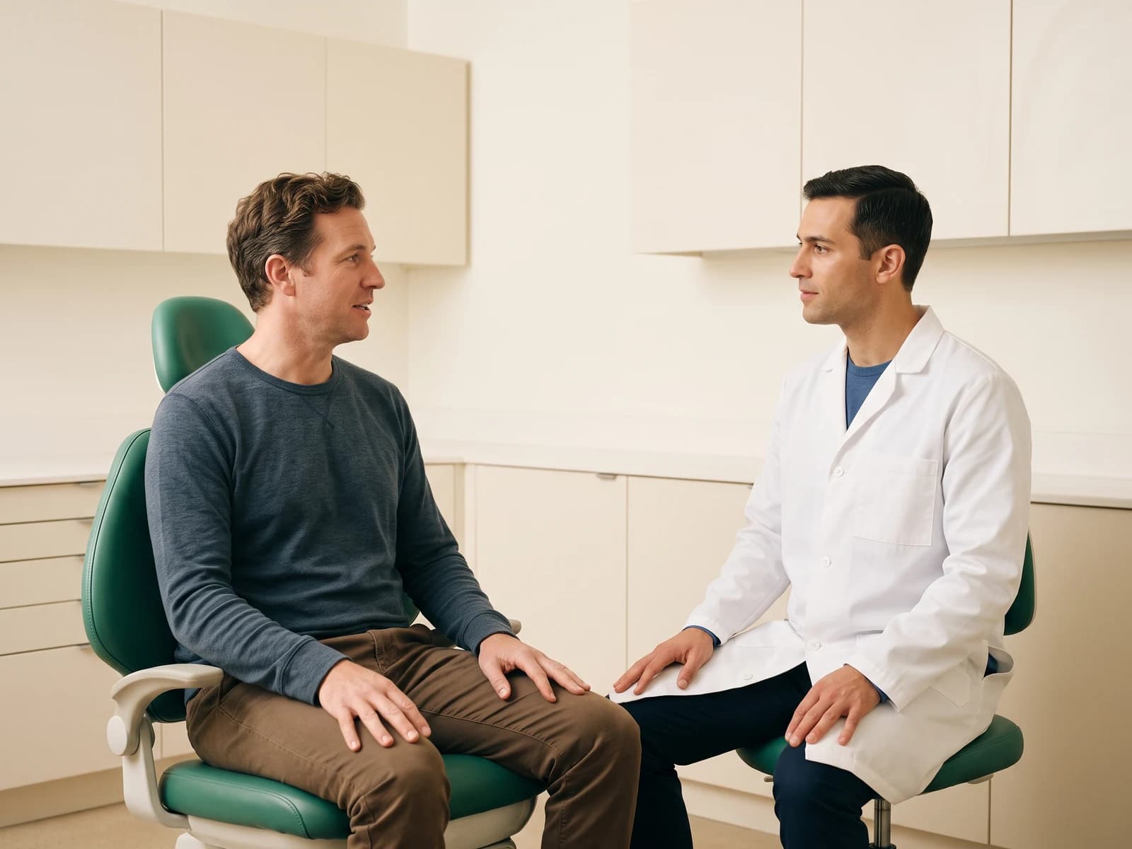 A man in a blue sweater and a male dentist sit facing each other in an ivory treatment room.