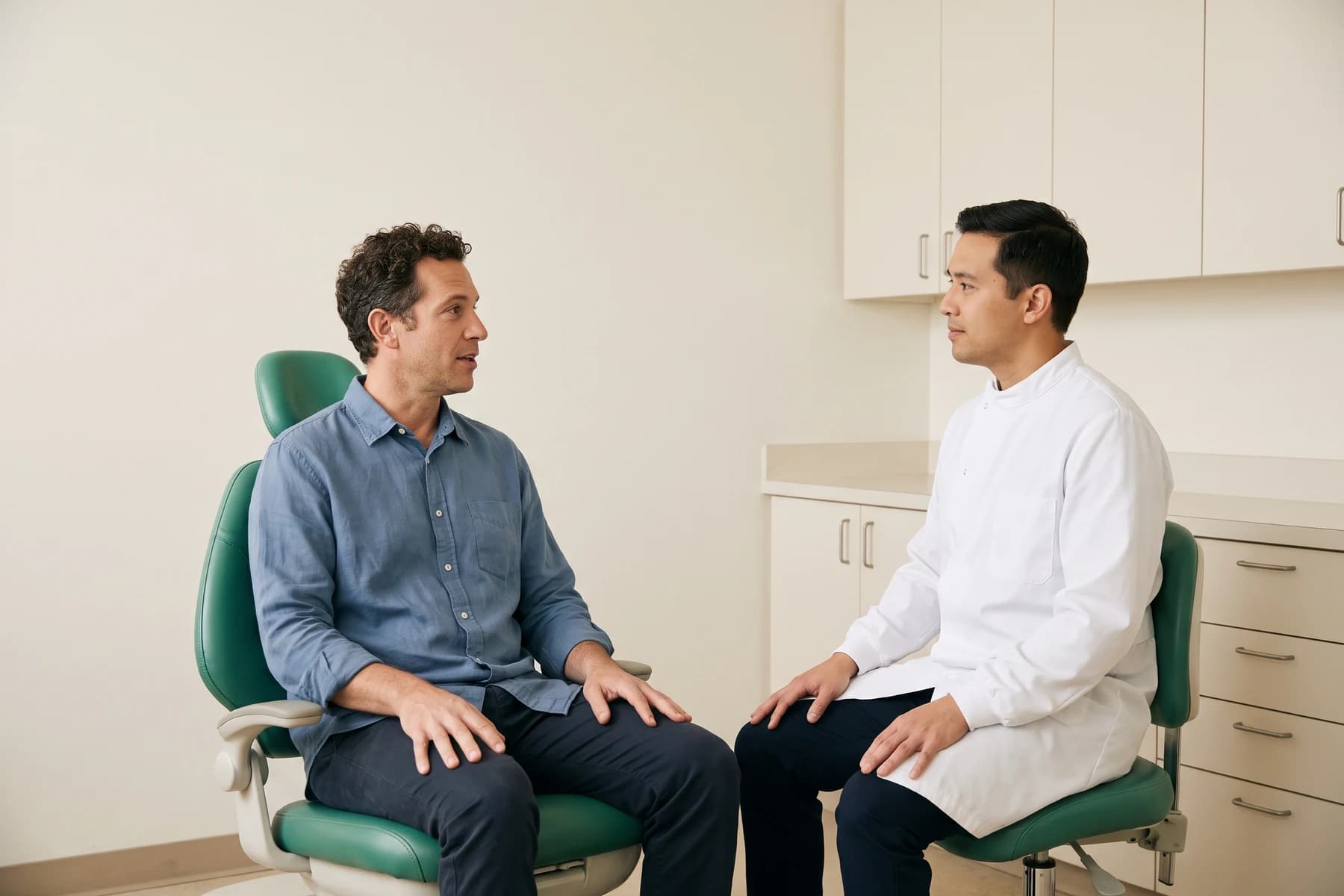 A curly-haired man in a blue shirt faces a dentist in a white coat, both resting their hands on their laps.