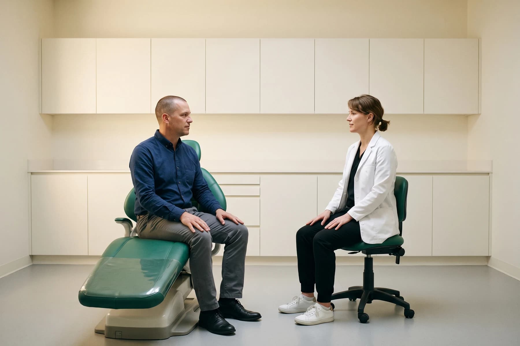 A man with very short hair and a dentist sit facing each other, their hands on their laps and feet on the floor.
