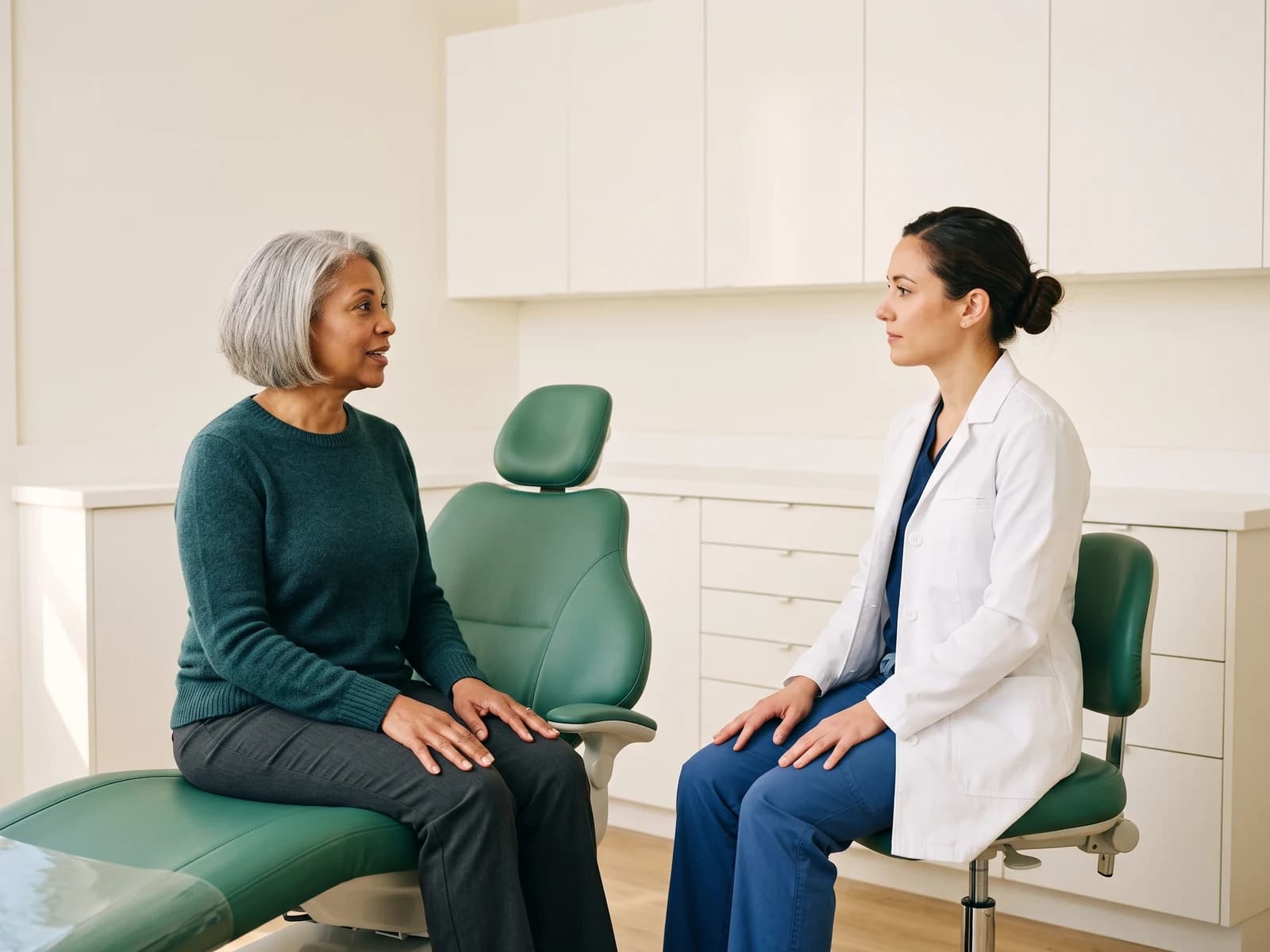 A silver-haired woman in a green sweater talks with a dentist seated in blue scrubs.