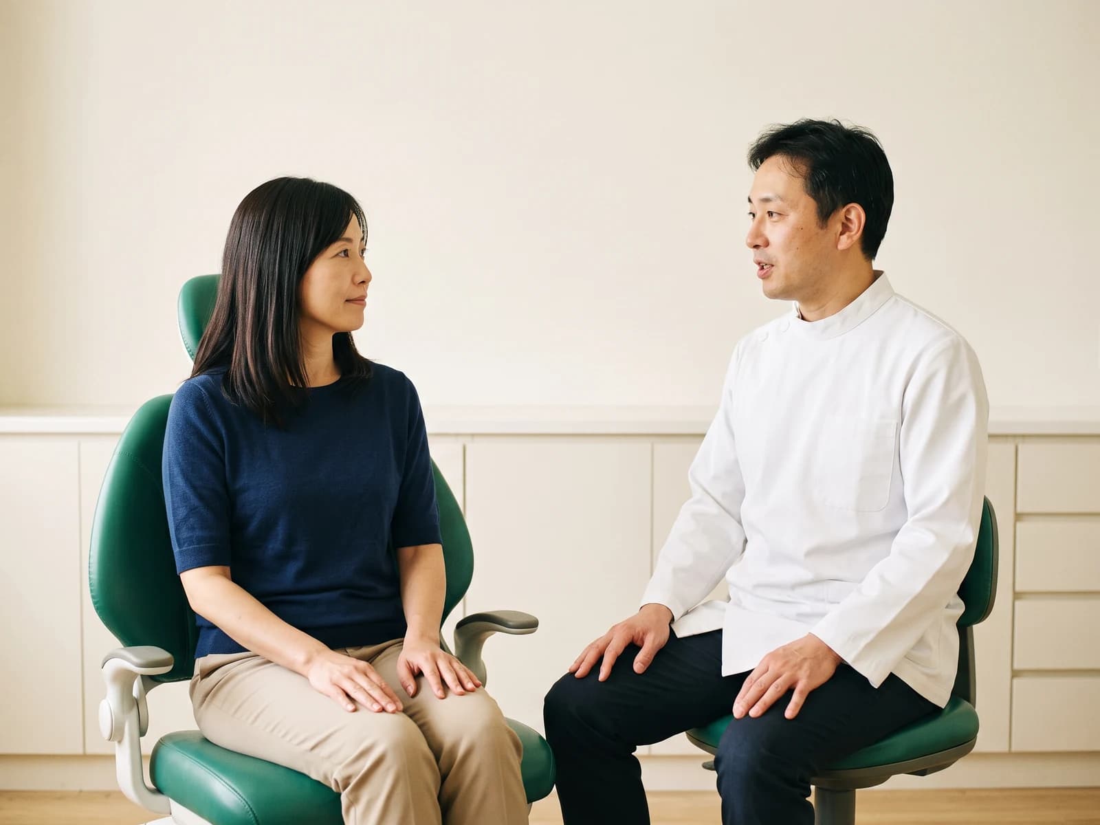 A woman in a navy top listens to a male dentist in a bright treatment room.