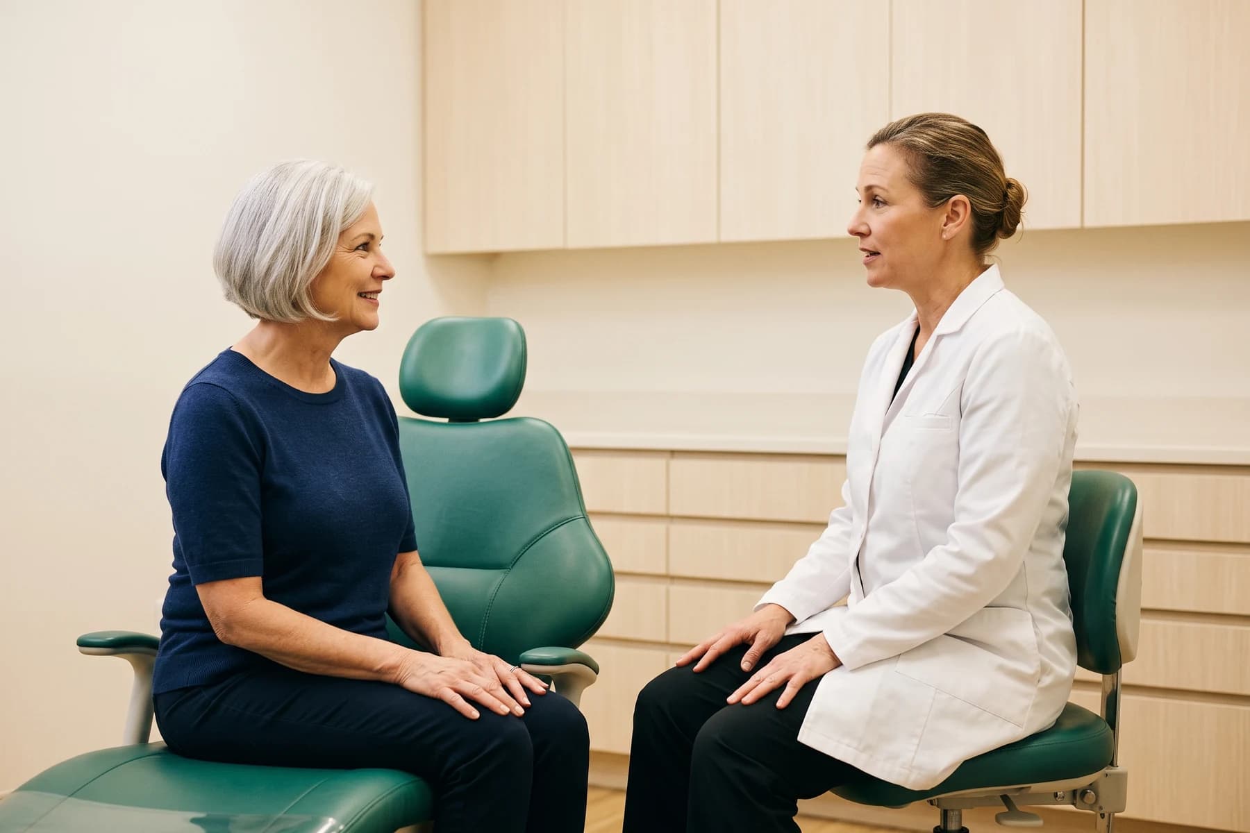 A smiling silver-haired woman sits across from a dentist beside an emerald dental chair.