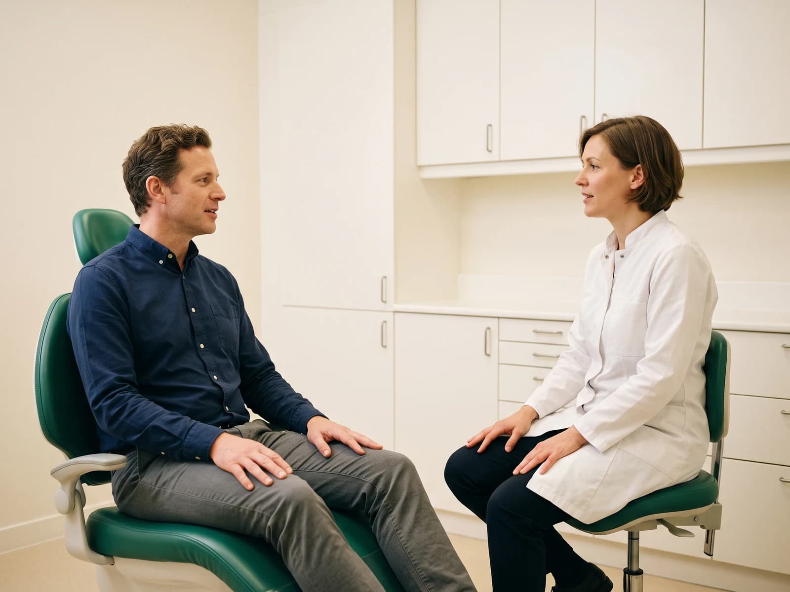A man in a navy shirt speaks with a dentist seated near white cabinetry.