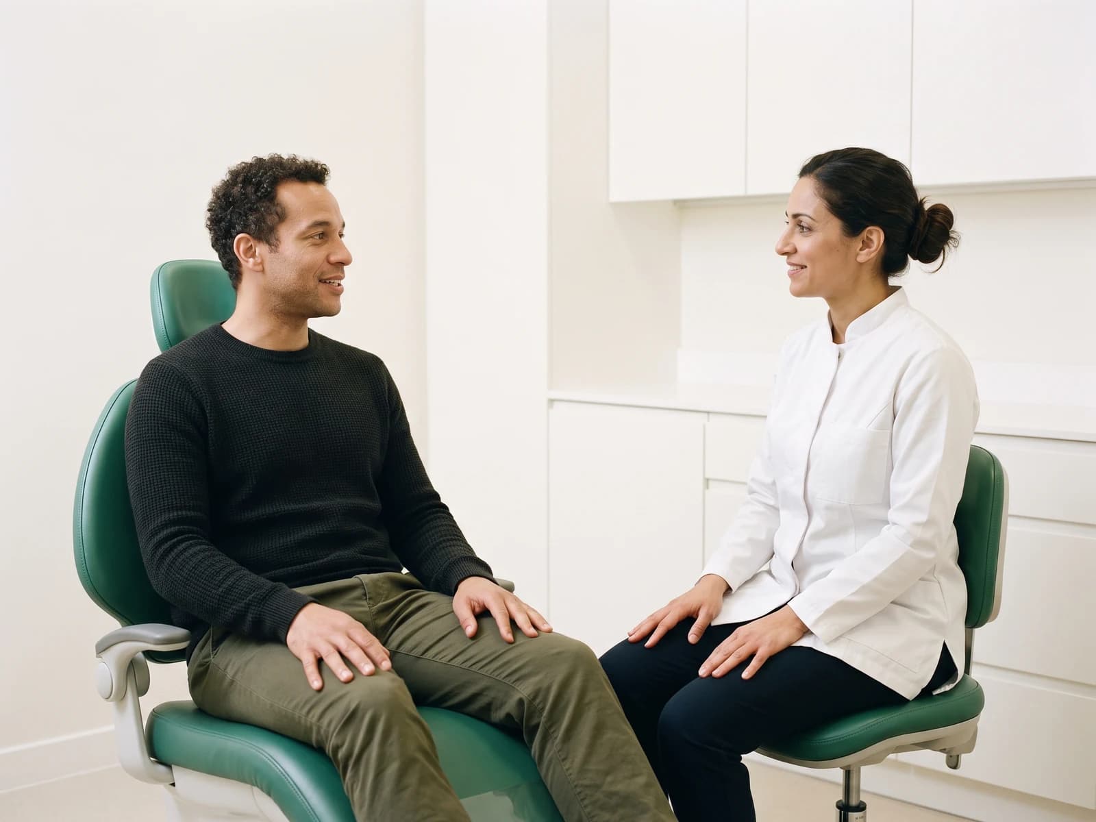 A smiling man in a black sweater sits opposite a dentist in a white coat.