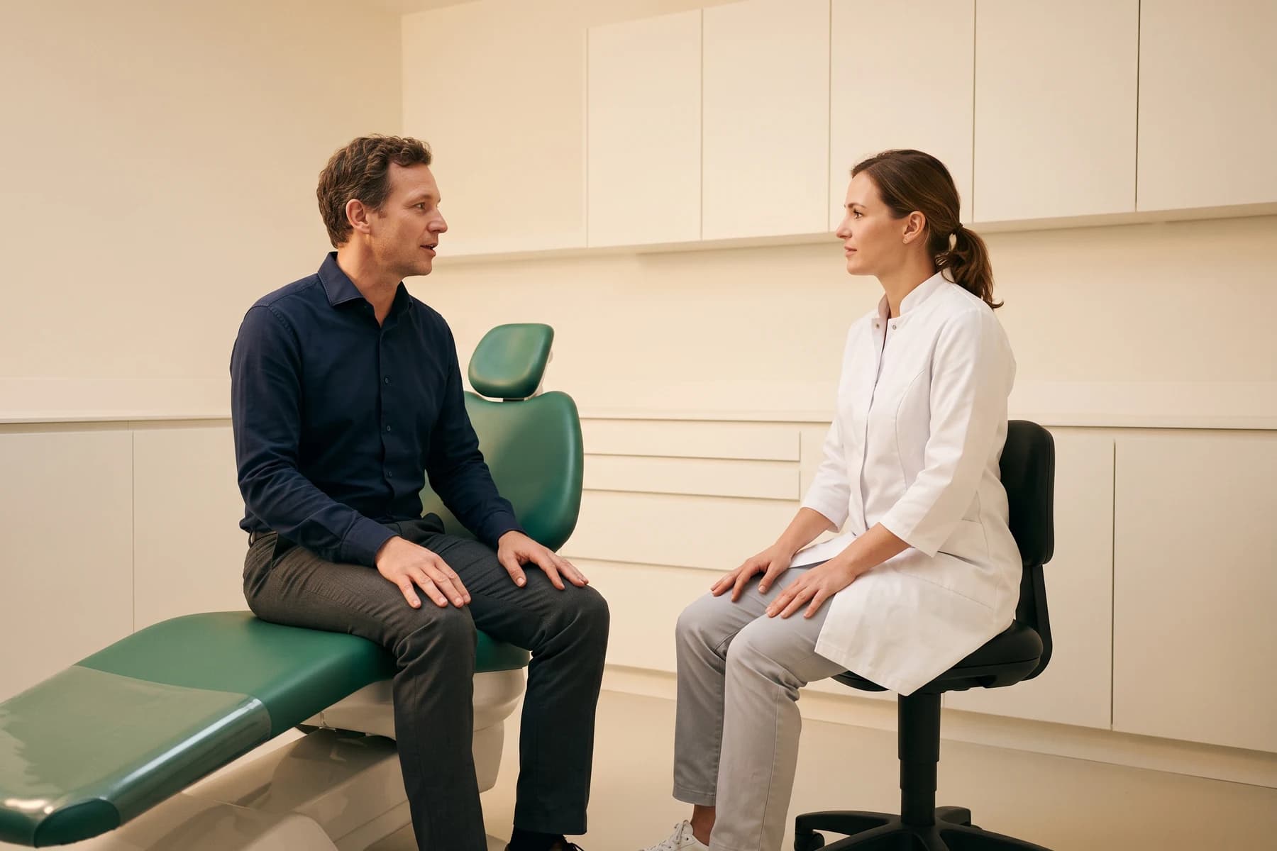 A man in a navy shirt sits on an emerald dental chair facing a dentist in a white coat and light trousers.