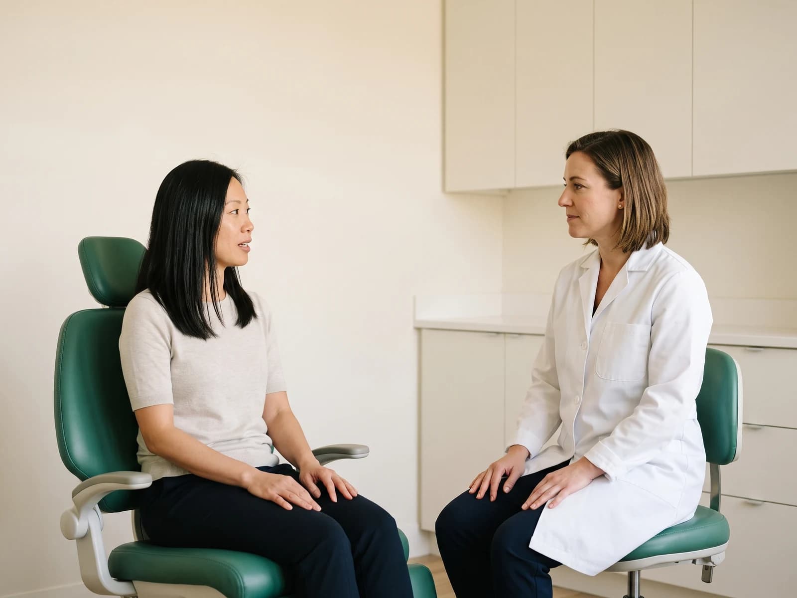 A woman in a cream top talks with a dentist between two emerald dental chairs.