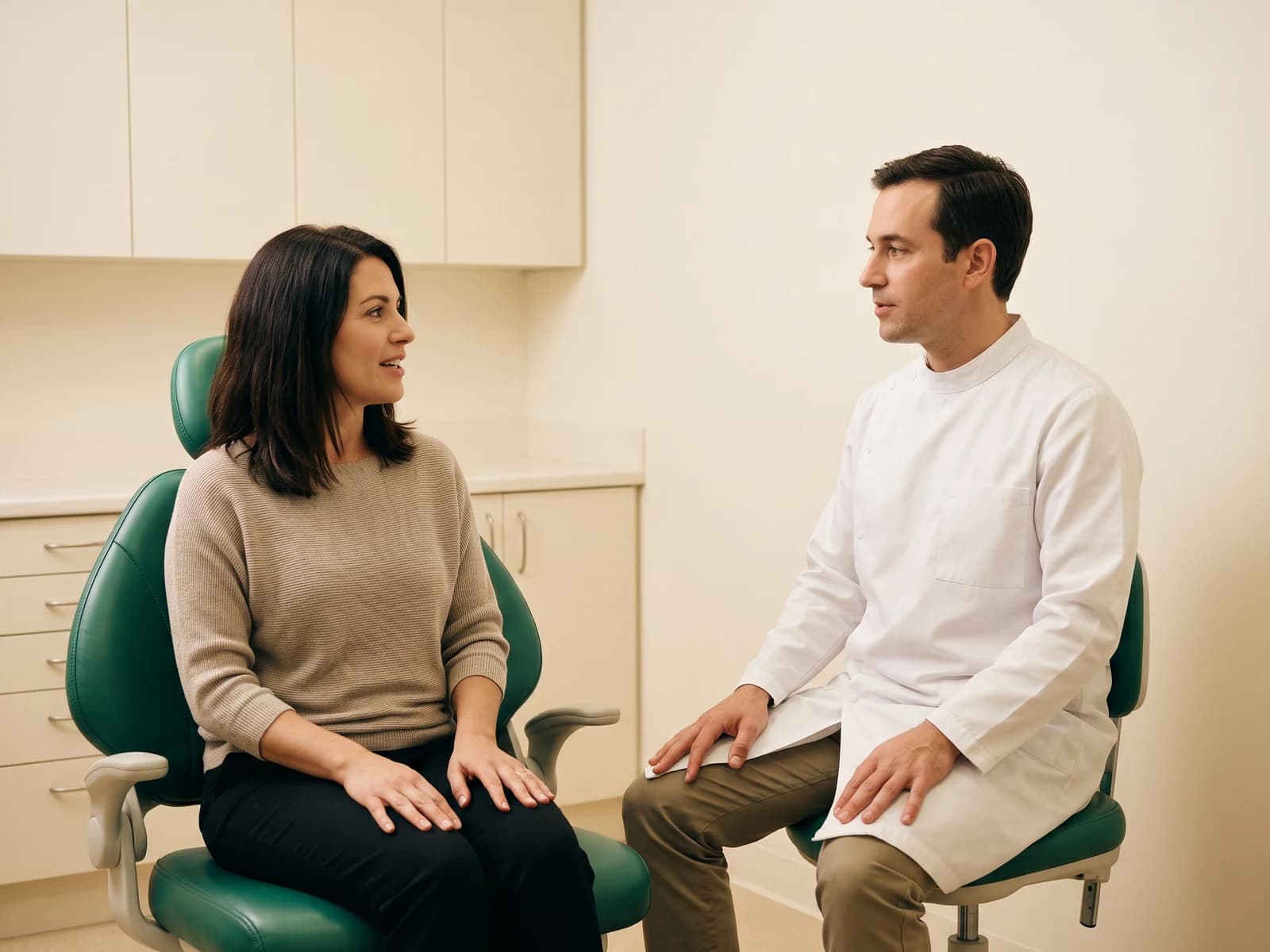 A woman in a beige sweater sits across from a male dentist in a white coat.