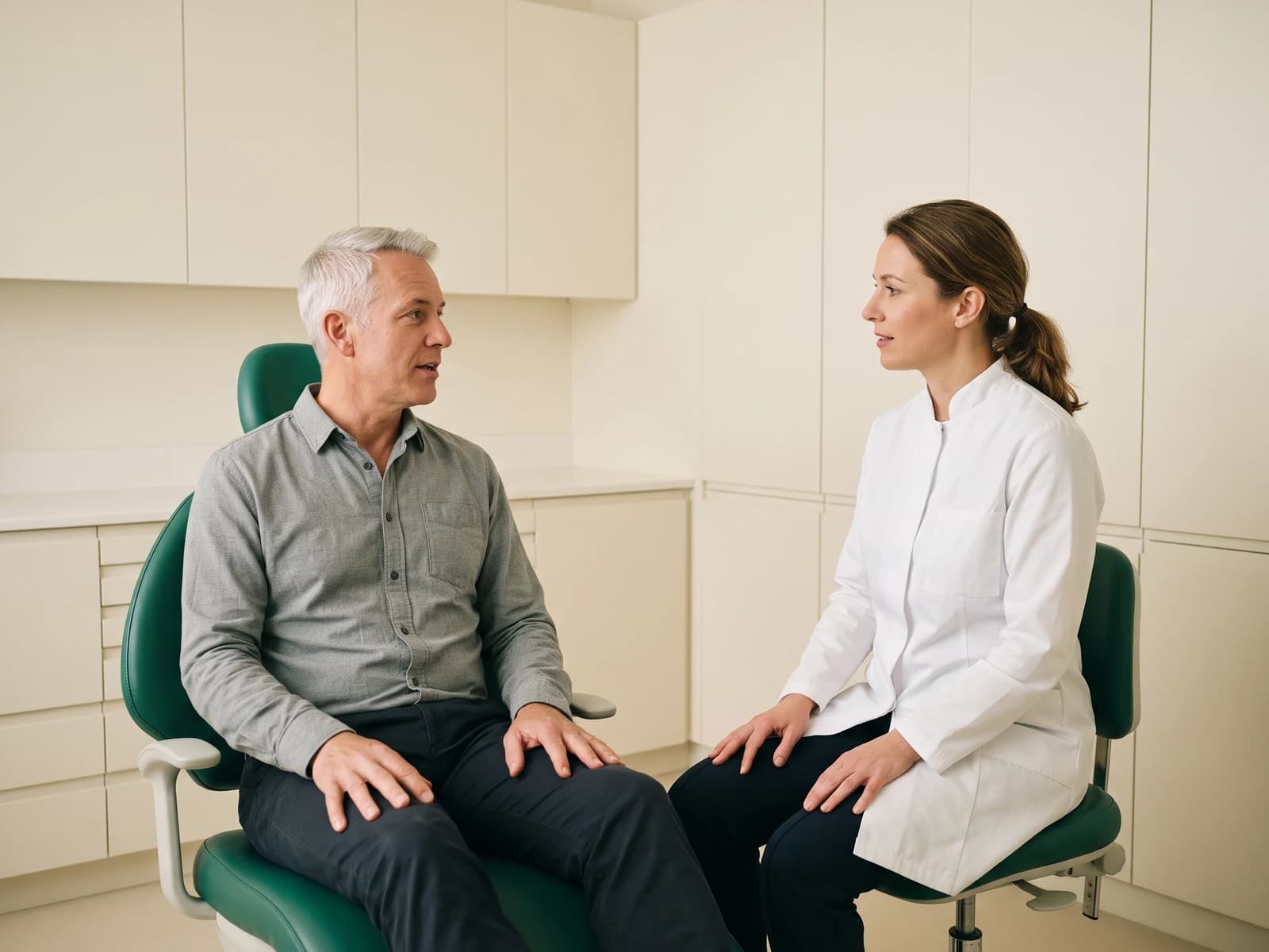 A silver-haired man in a gray shirt sits opposite a dentist near white cabinetry.