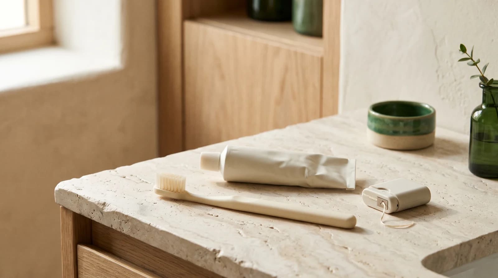 A toothbrush, plain toothpaste tube and floss on a pale counter.
