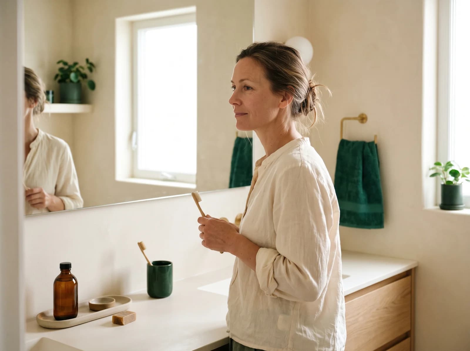 Illustrative photograph of a woman holding a toothbrush at a bathroom mirror.