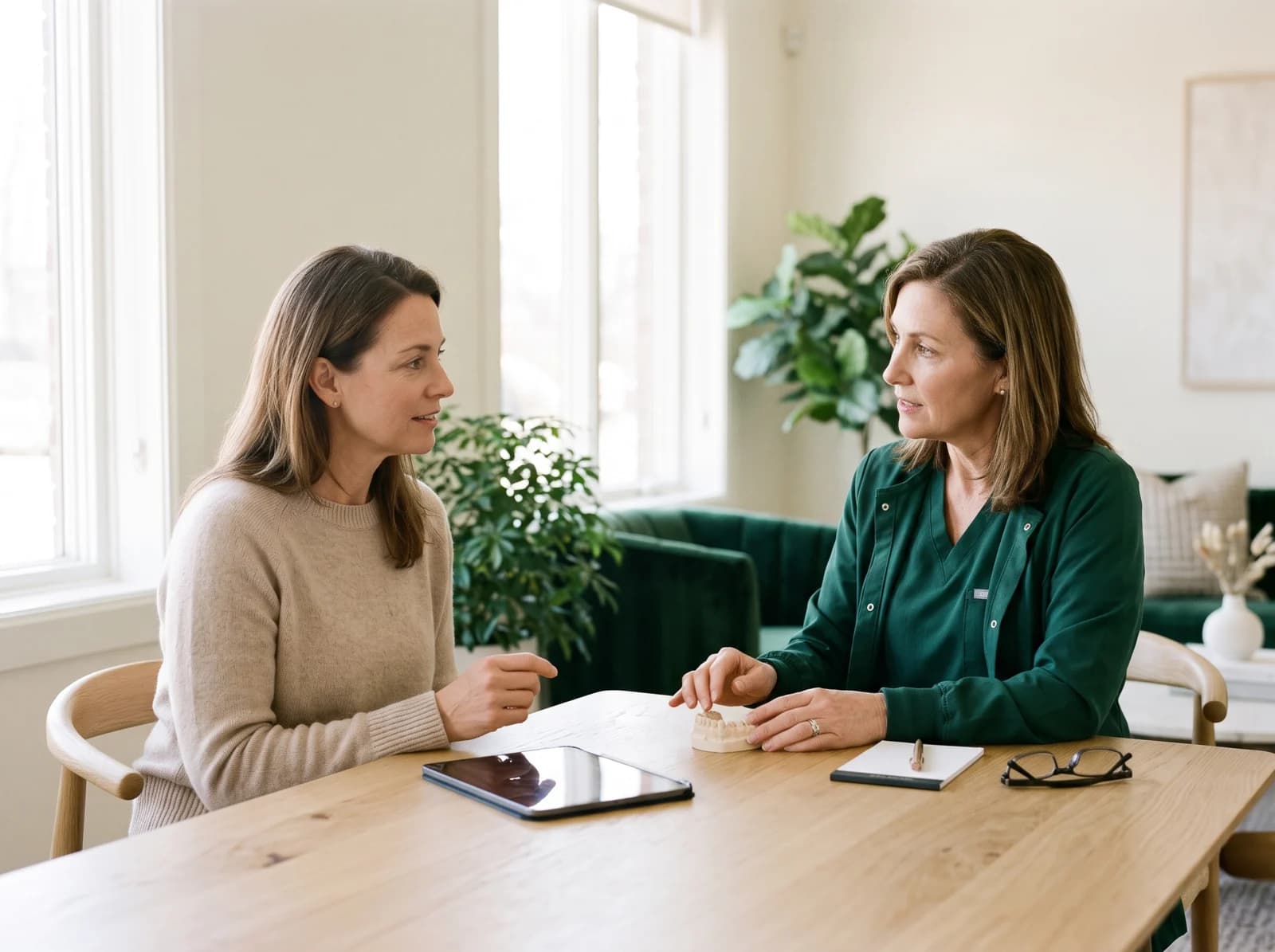 Illustrative consultation about a small tooth-edge repair.