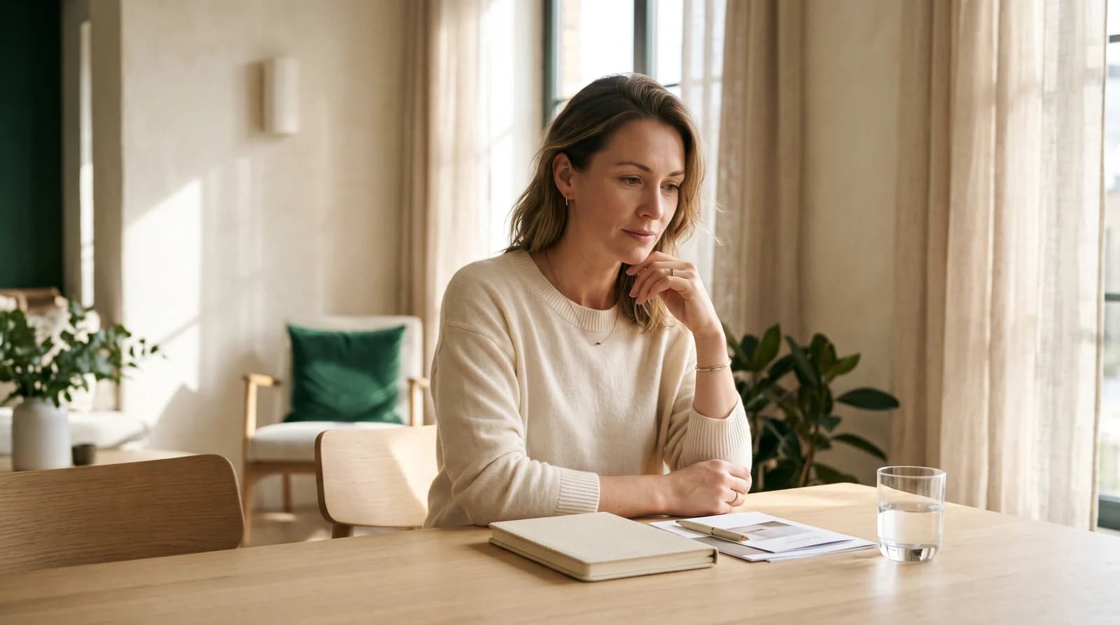 Illustrative photograph of a woman considering a plan with a notebook at a sunlit table.