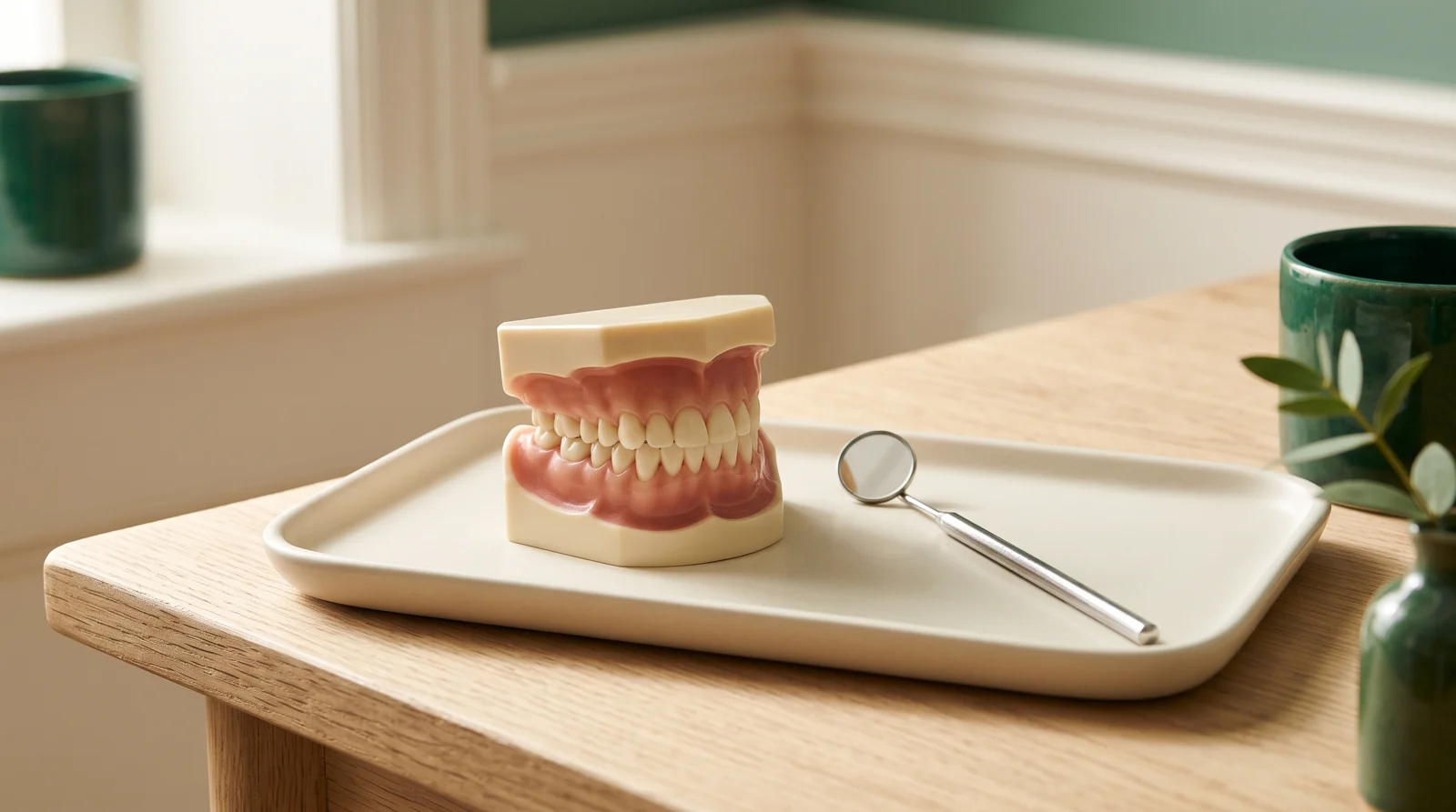 A dental study model beside a mirror on an ivory tray.