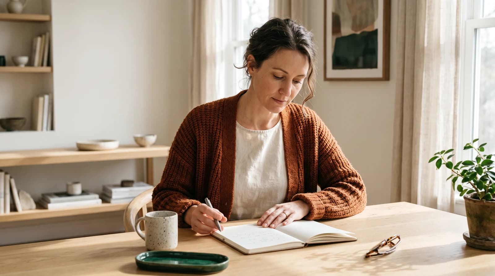 Illustrative photograph of a woman reviewing an appointment notebook.