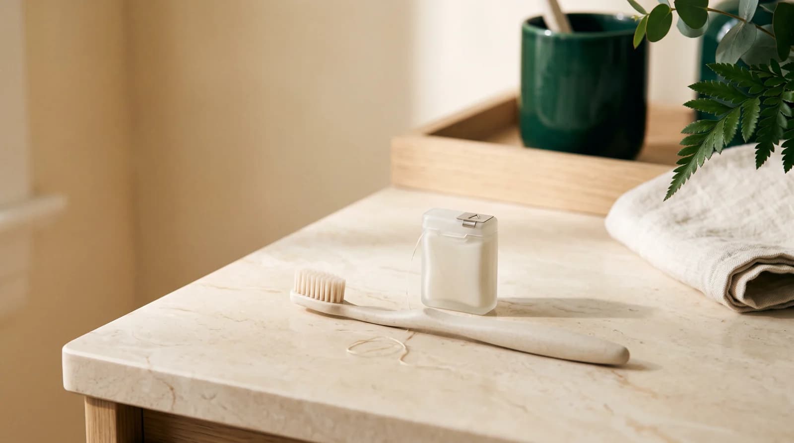 A soft toothbrush and a plain floss container on a pale bathroom counter.