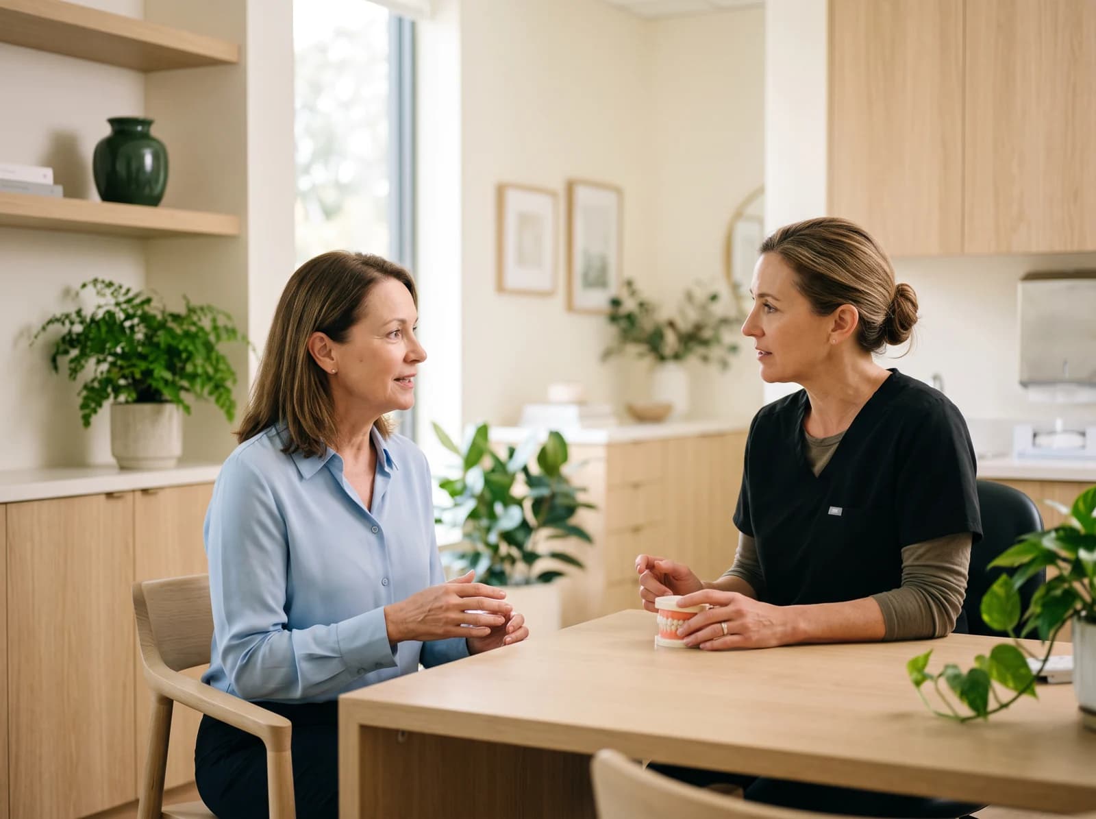 Illustrative dental consultation with a woman in a light blue blouse.