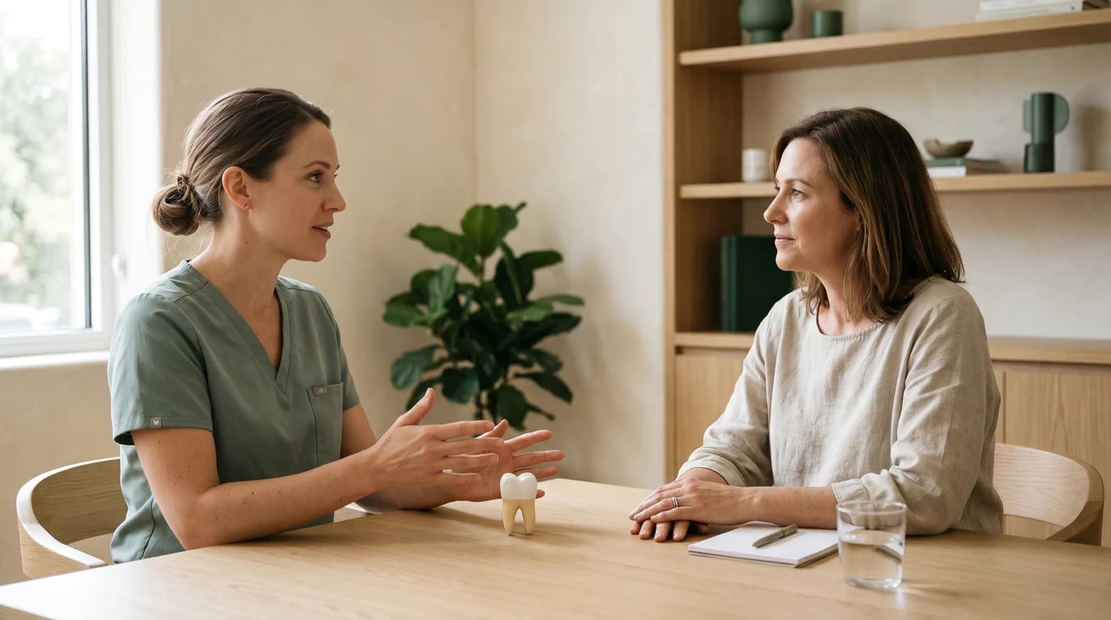 Illustrative consultation with a dentist and a woman discussing a tooth model.