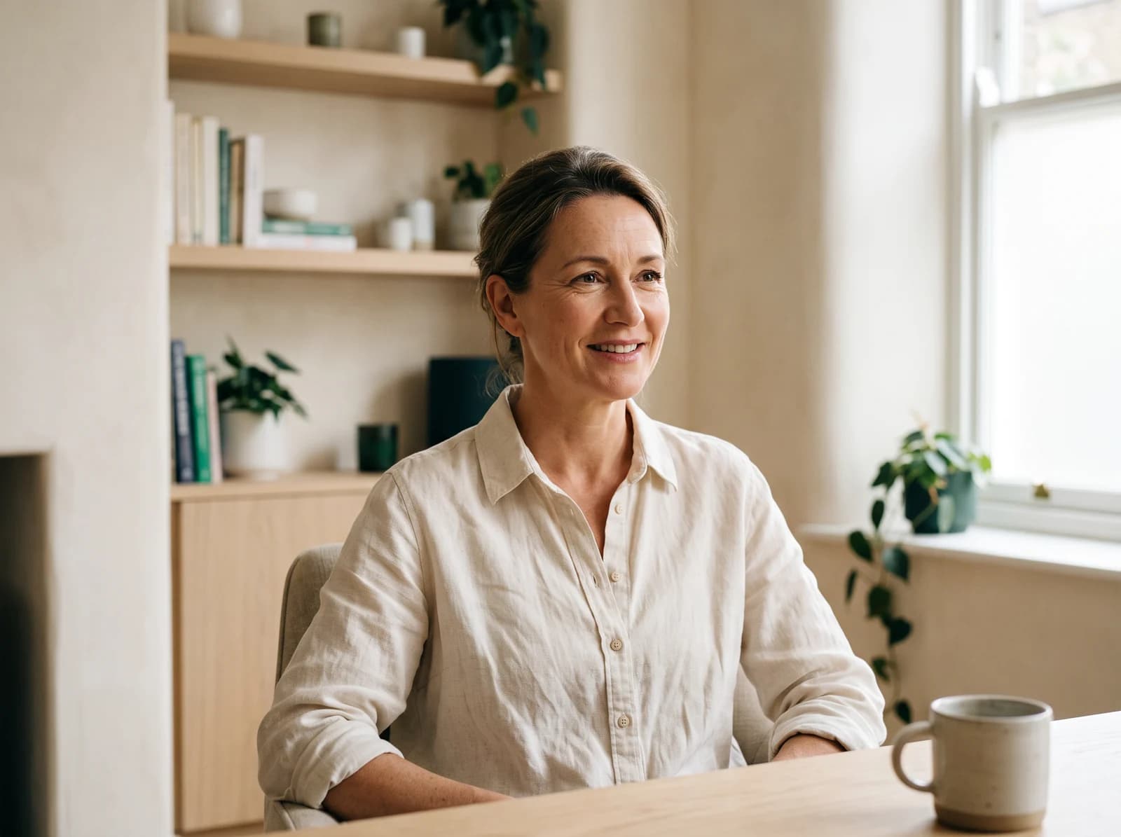 Illustrative portrait of a woman listening during a dental consultation.