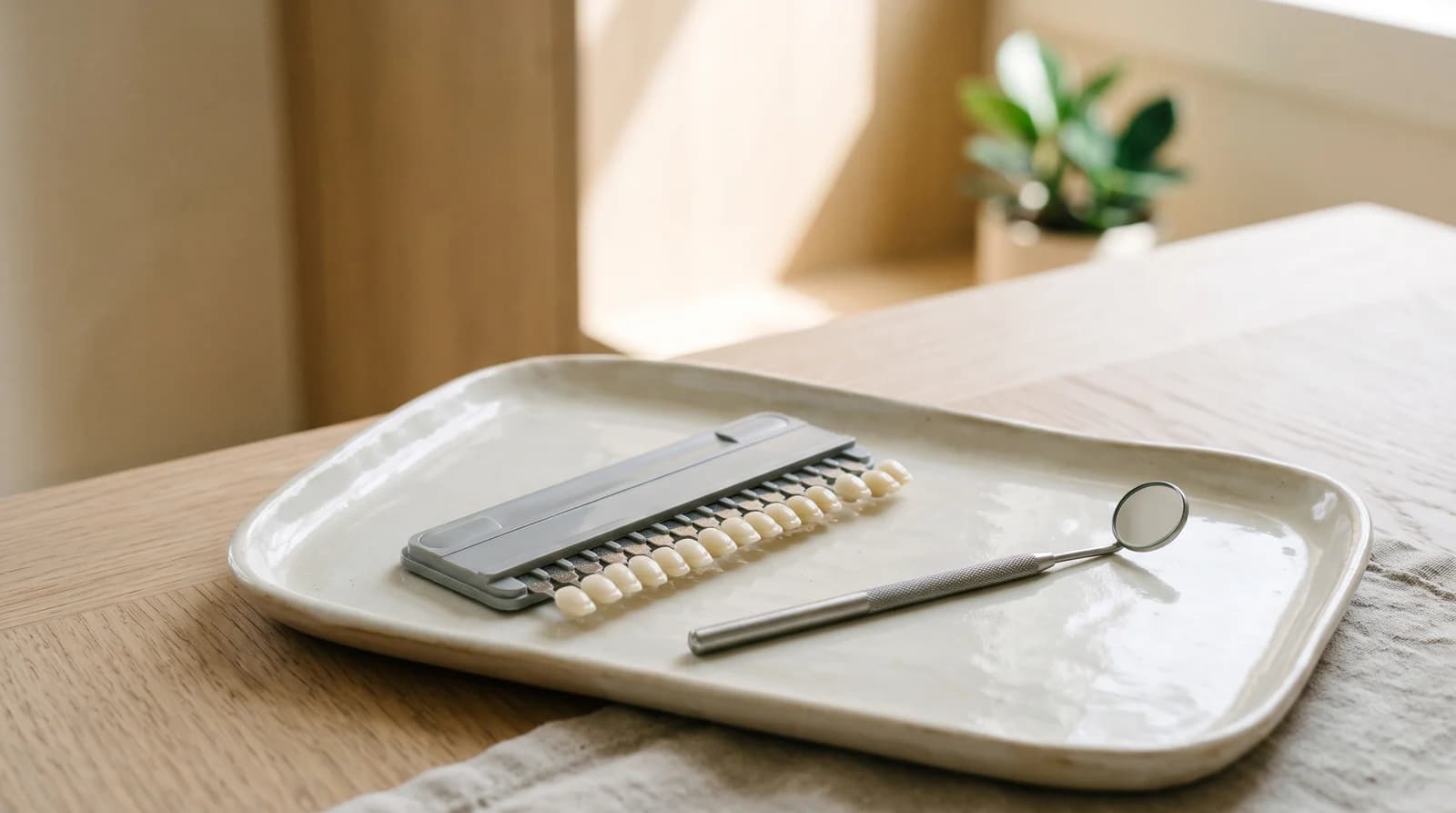 Tooth-shade samples and a dental mirror on an ivory tray.