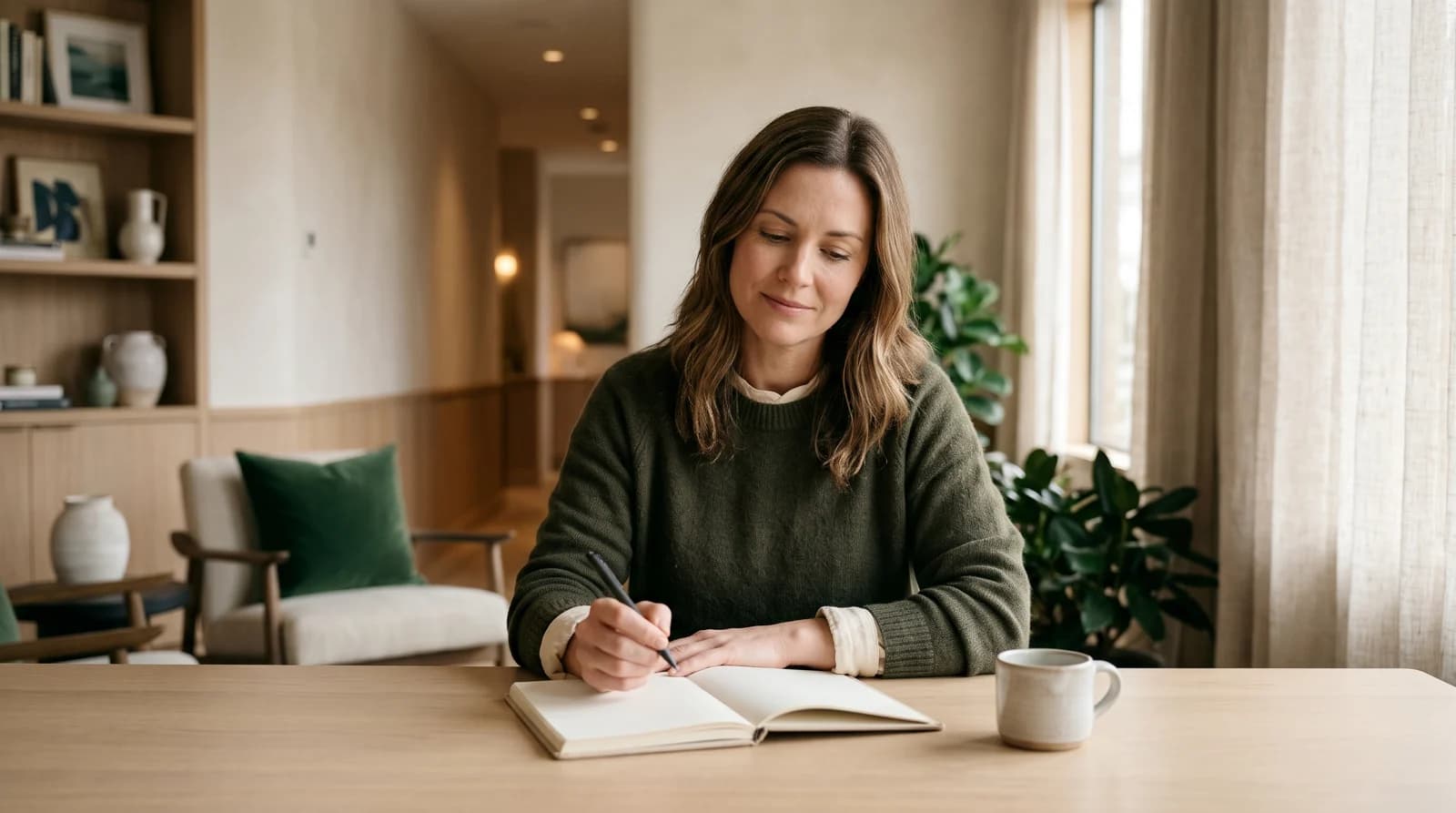 Illustrative photograph of a woman writing consultation questions in a notebook.