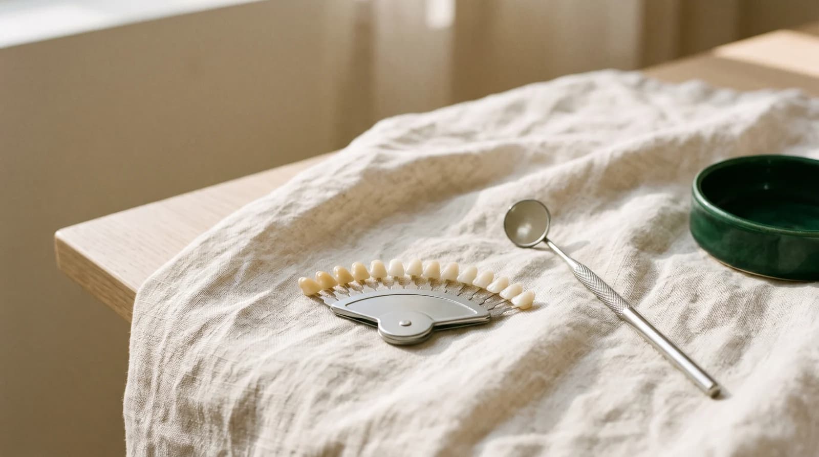 Tooth-shade tabs and a dental mirror on an ivory cloth.
