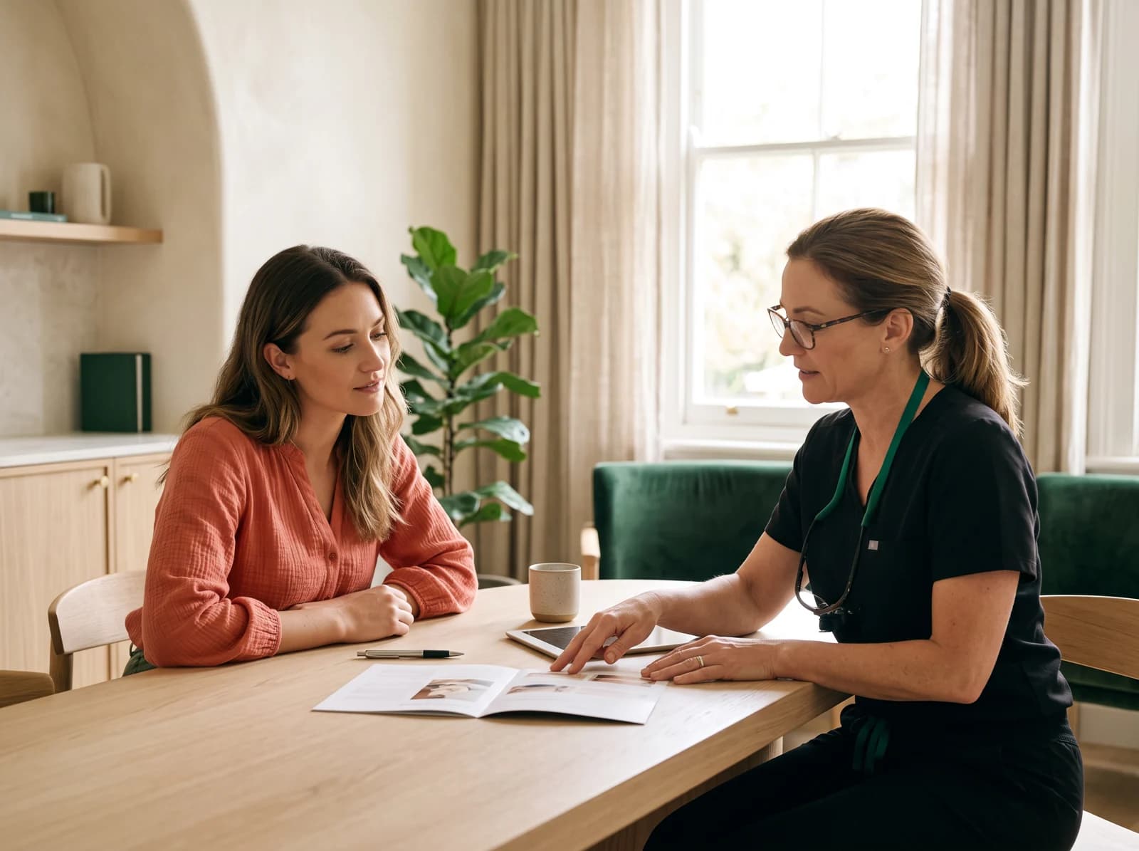 Illustrative consultation between a woman in a coral blouse and a dentist.