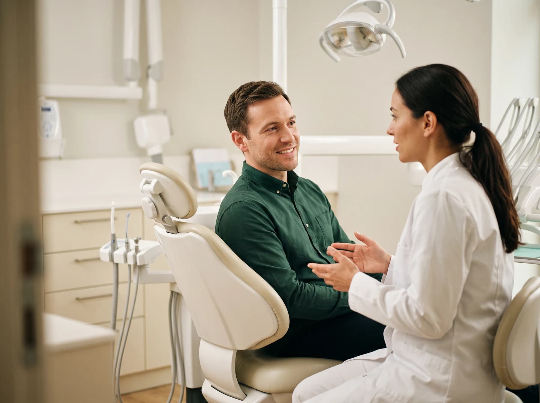 Man in a green shirt seated beside a dentist under an examination light