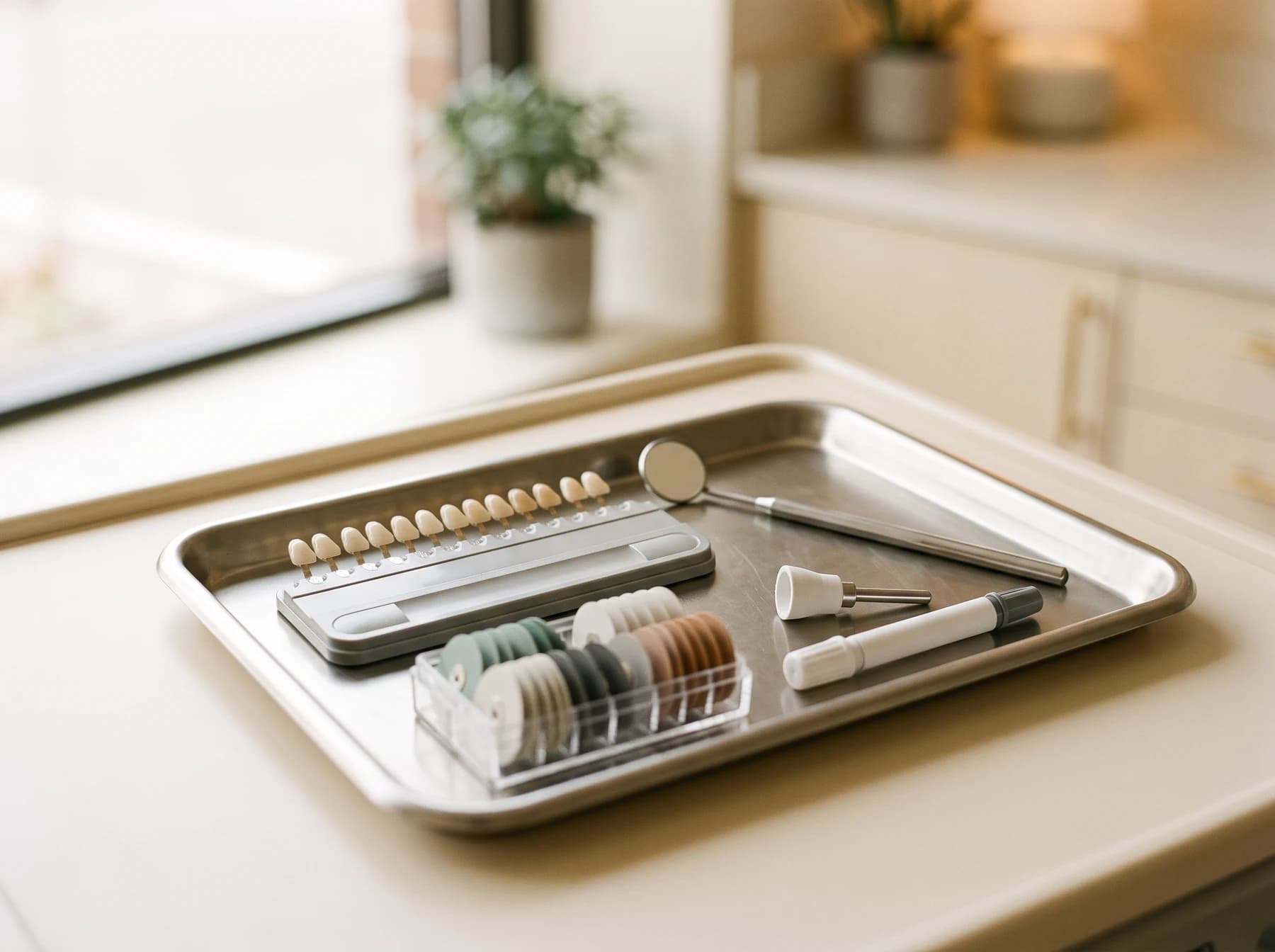 Dental sample holders and instruments arranged beside a window