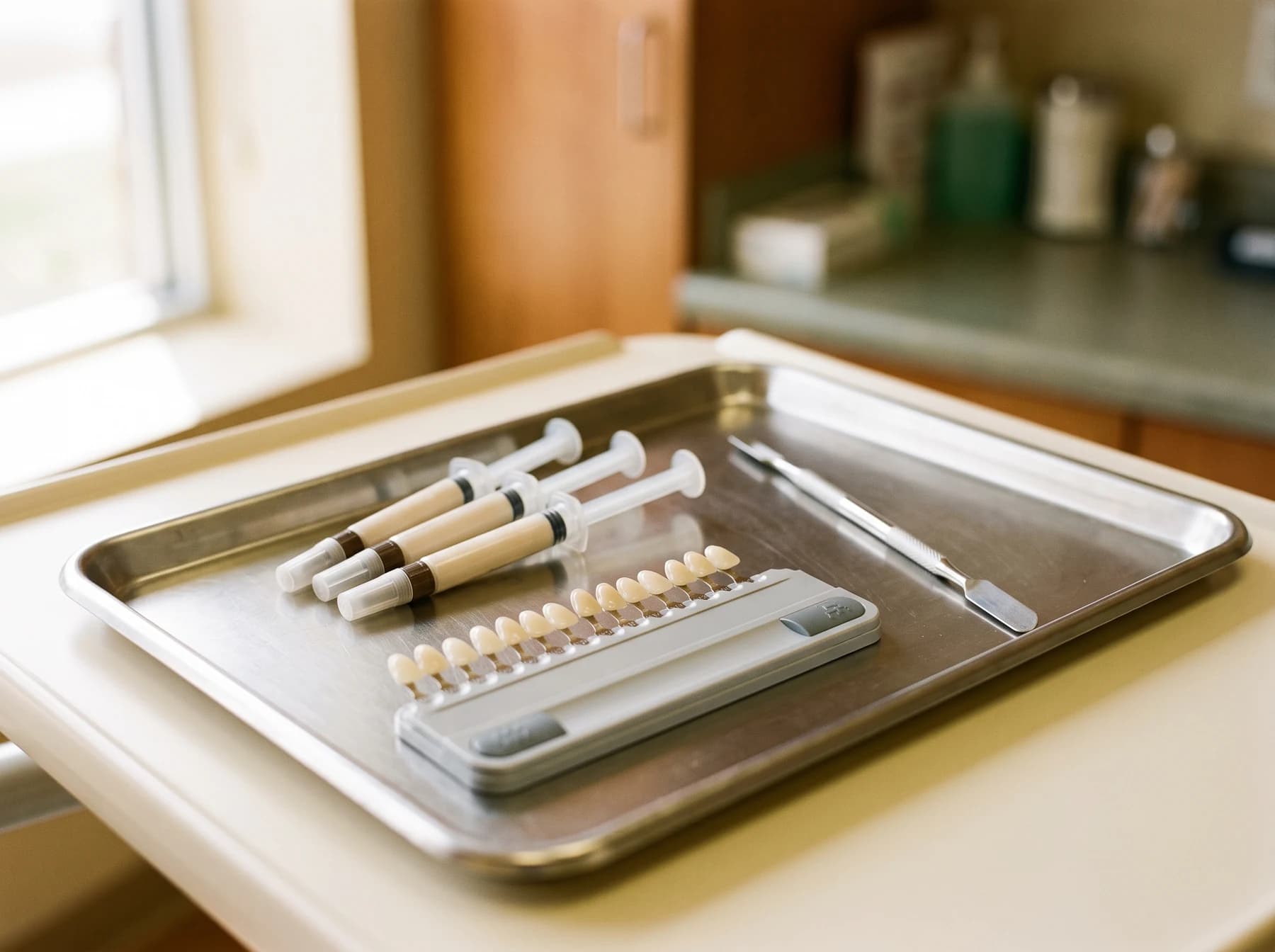 Dental syringes, sample tabs and a mirror arranged on a metal tray