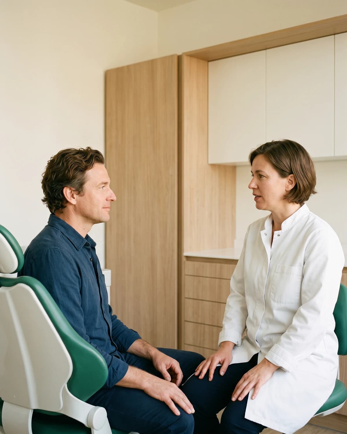 Illustrative dental discussion about treatment questions.