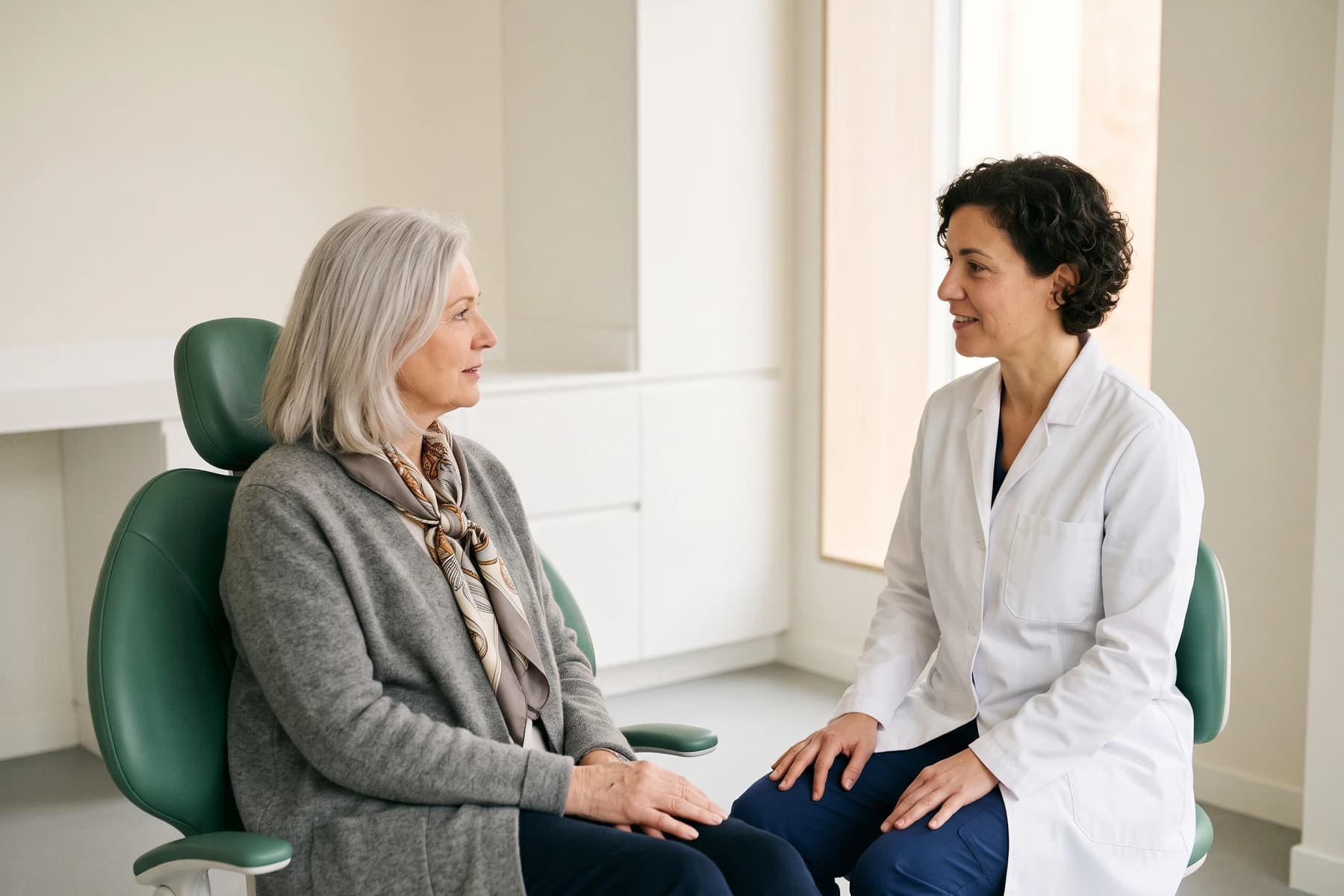 Woman with silver hair and a gray jacket facing a dentist near a bright window.