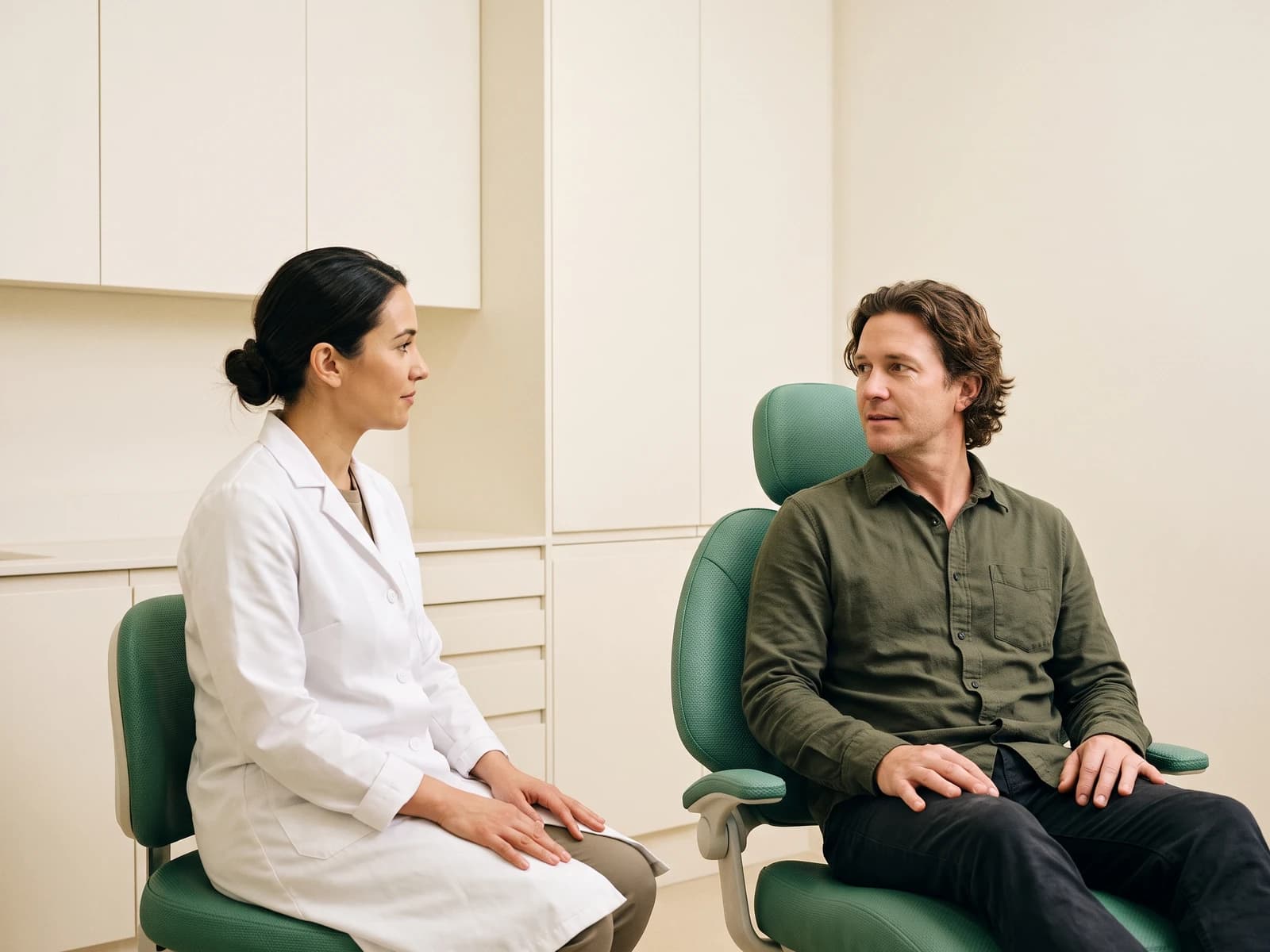 Man in an olive shirt seated in a green dental chair beside a dentist with her hair in a bun.