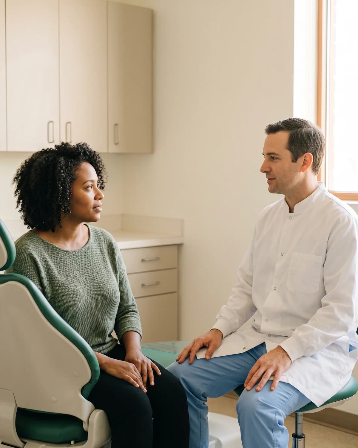 Woman in a gray-green sweater talking with a dentist beside a window and cream cabinets.