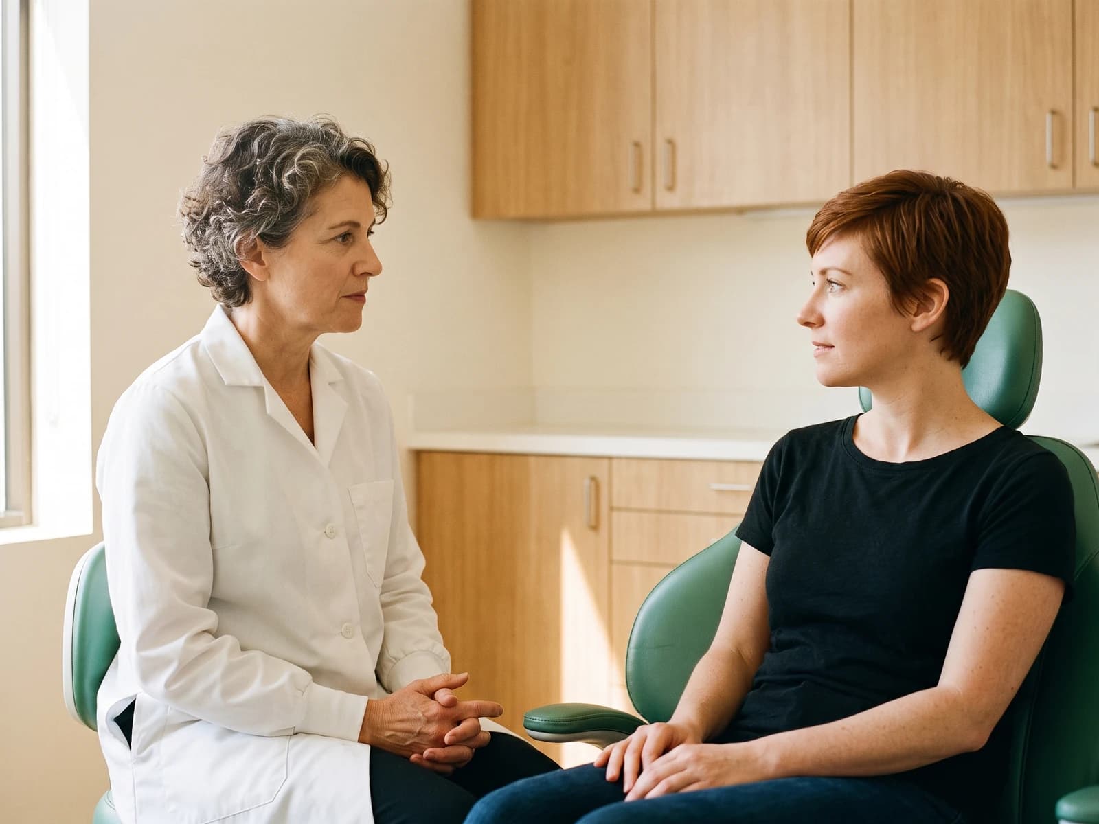 Woman with short red hair and a black T-shirt seated opposite a dentist with gray curls.