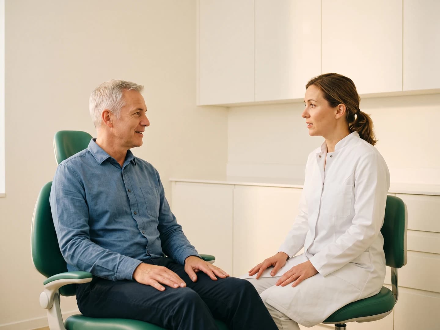 Illustrative dental discussion between a silver-haired man and a dentist in a white coat.