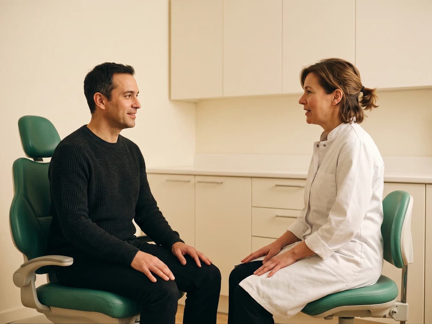 Illustrative dental discussion between a man in a dark sweater and a dentist in a white coat.
