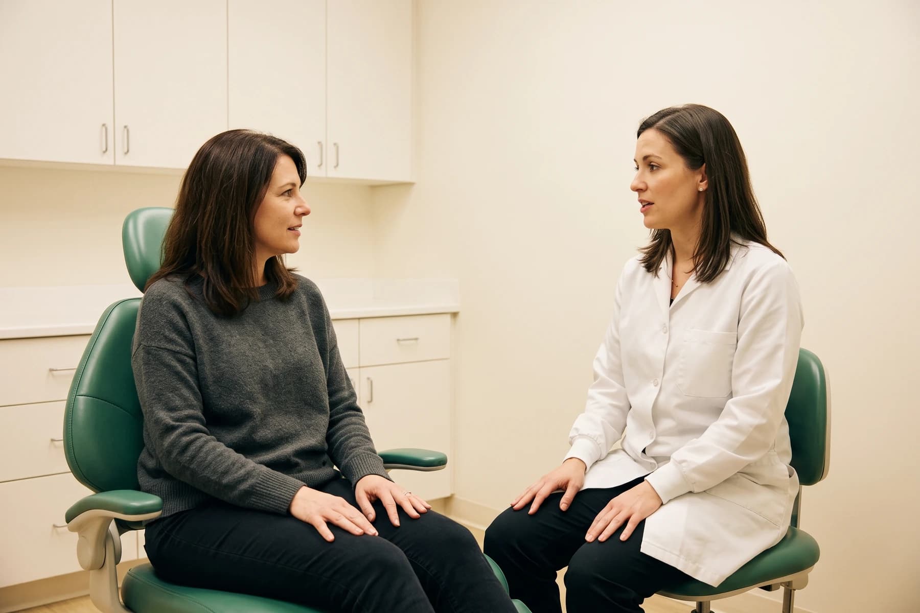 Illustrative dental discussion between a woman seated in a dental chair and a dentist in a white coat.